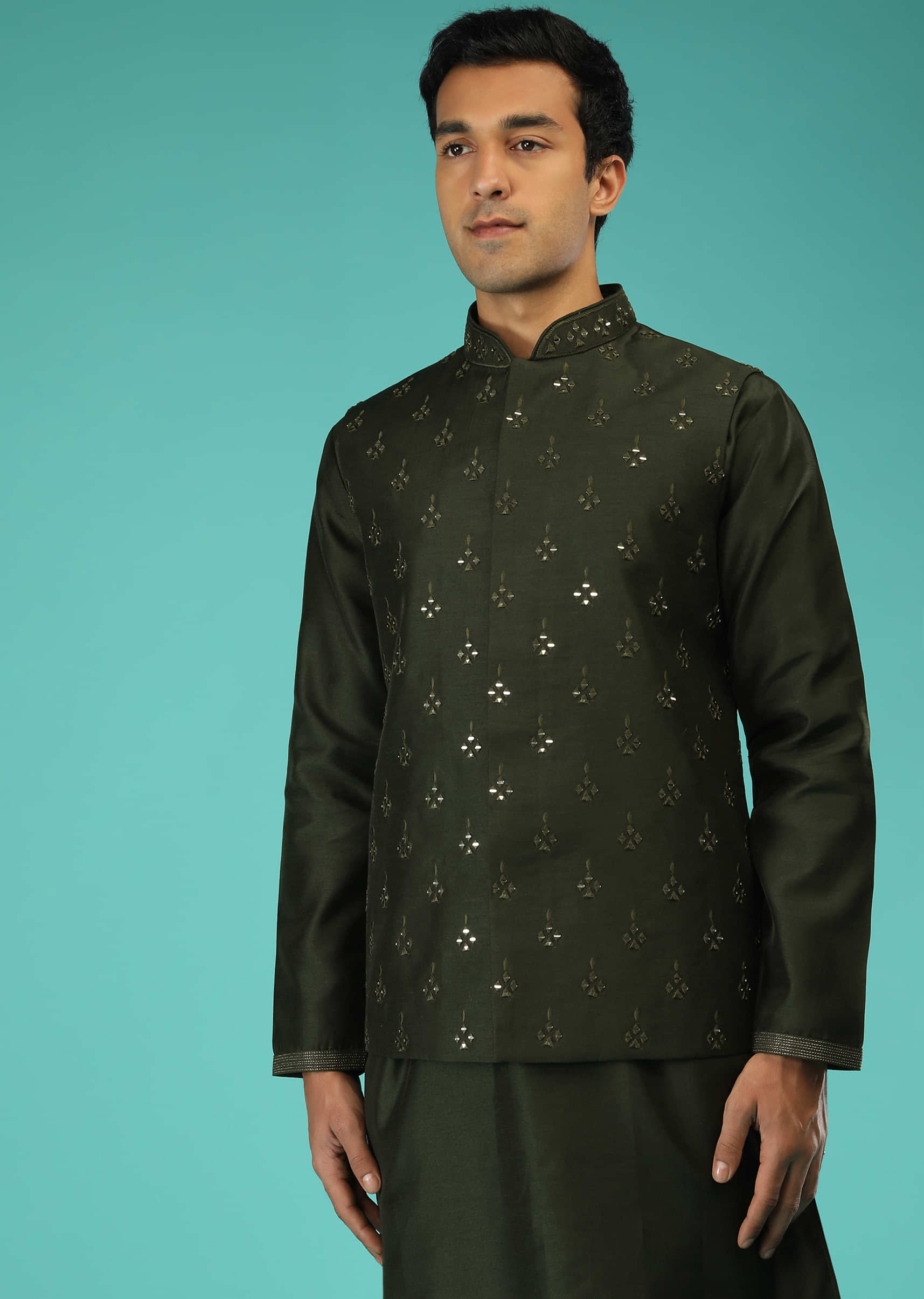 Dark Green Nehru Jacket And Kurta Set In Raw Silk With Resham And Mirror Abla Embroidered Geometric Buttis