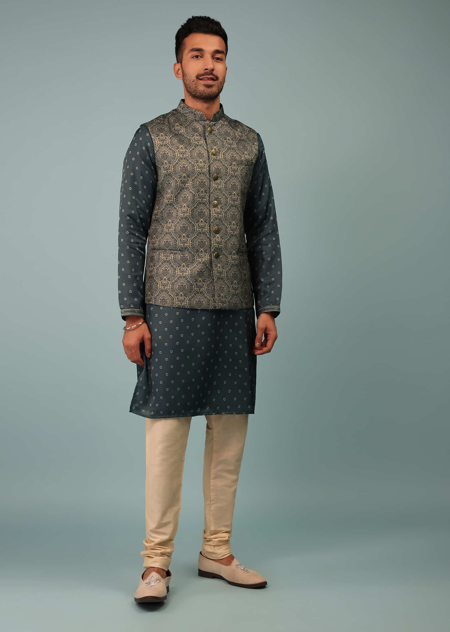 Charcoal Grey Bandi Jacket Set In Linen With Floral Print