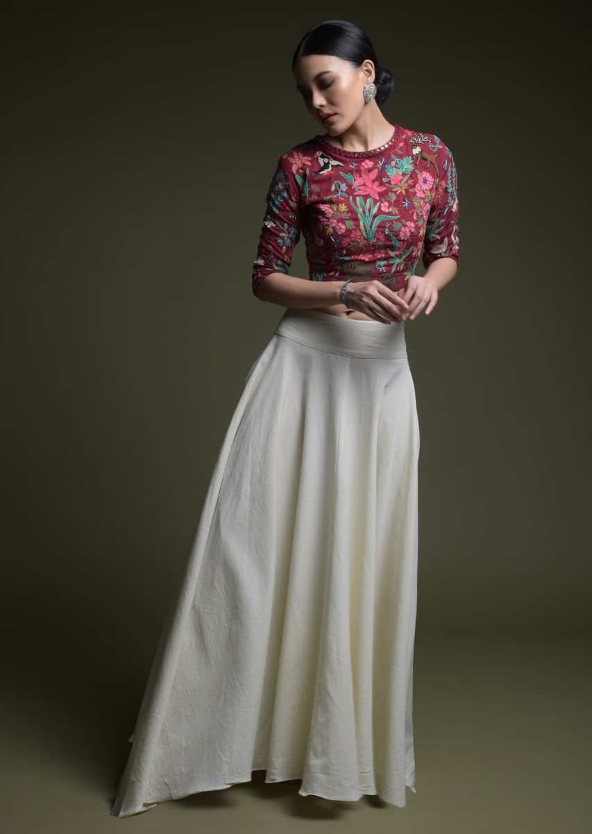 Deep Red Crop Top With Kashmiri Hand Embroidery And Contrasting Off White Skirt 