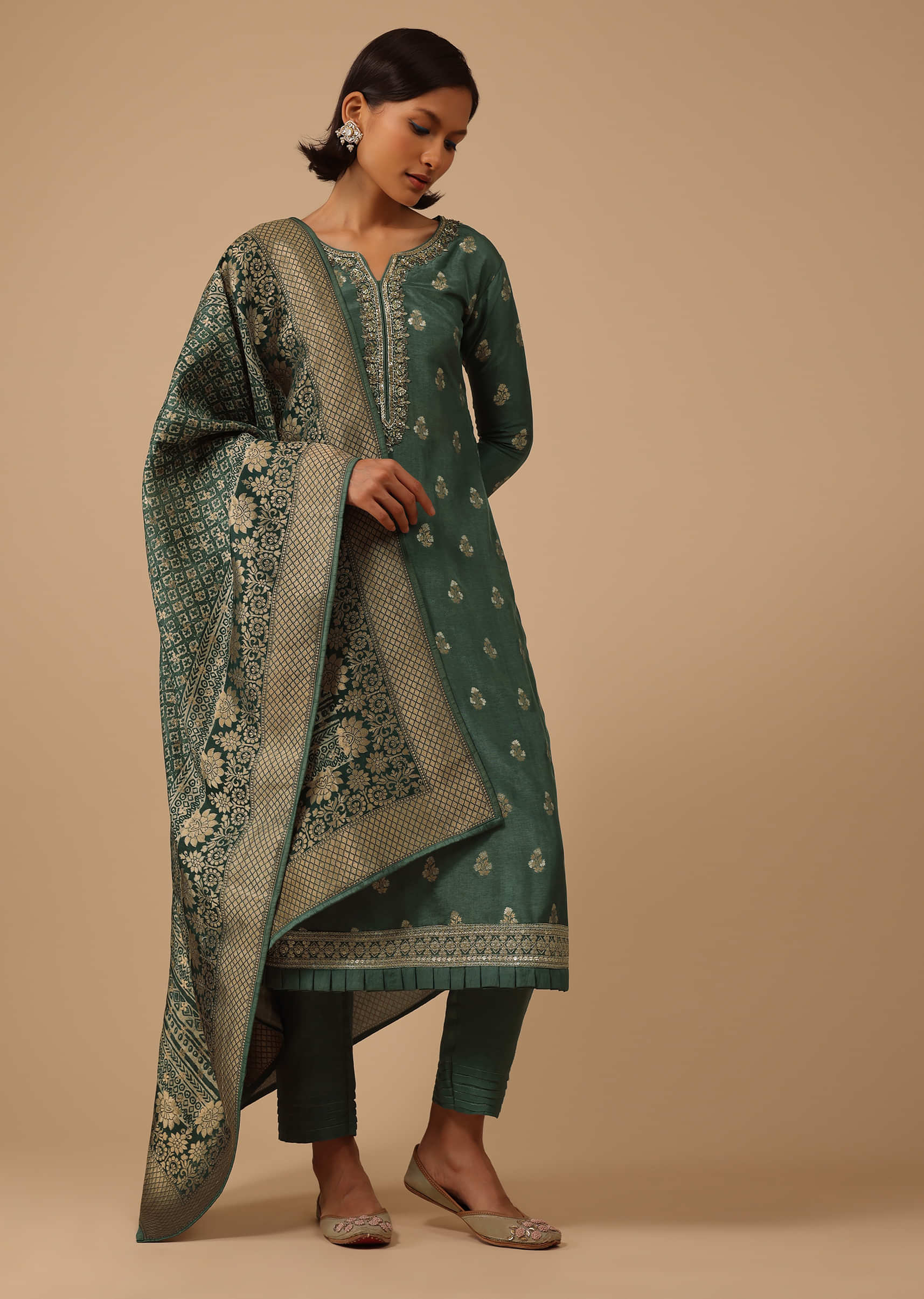 Deep Green Pant Suit Set In Silk With Brocade 