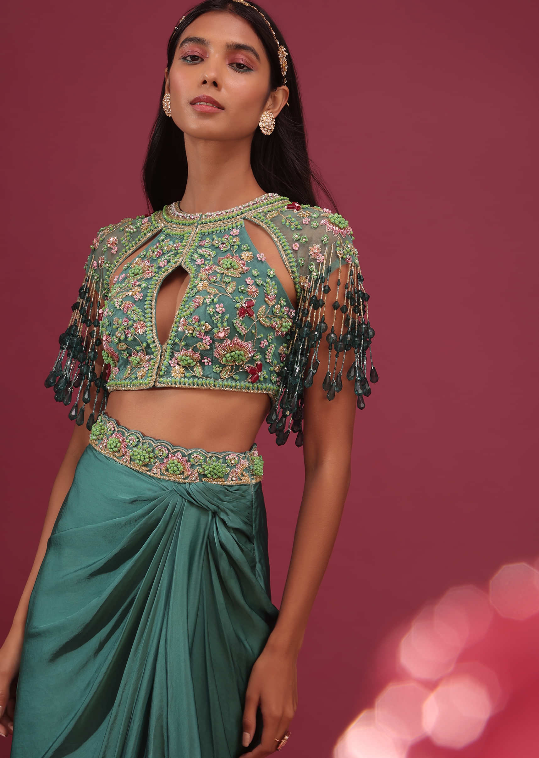 Sea Green Dhoti Crop Top Set In Satin Organza With Embroidery - NOOR 2022
