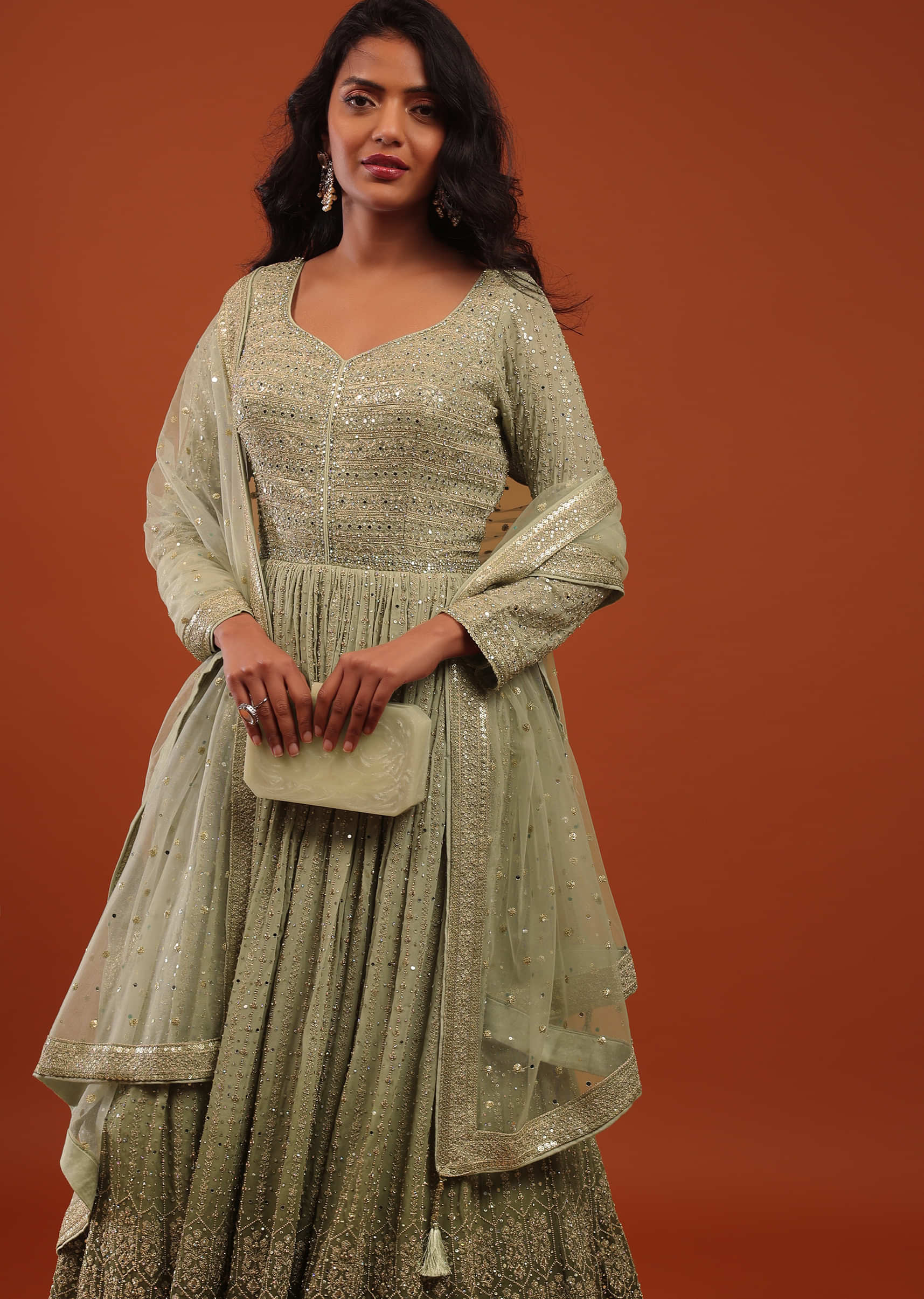 Deep Lichen Green Ombre Embroidered Anarkali Suit In Georgette