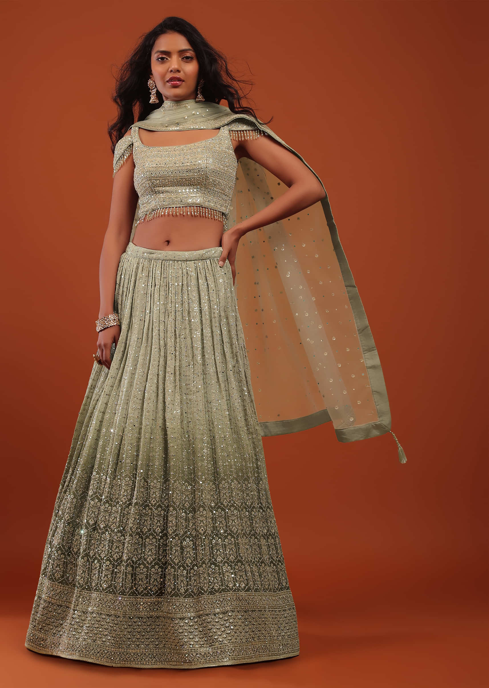 Deep Lichen Green Ombre Lehenga In Georgette With Embroidery