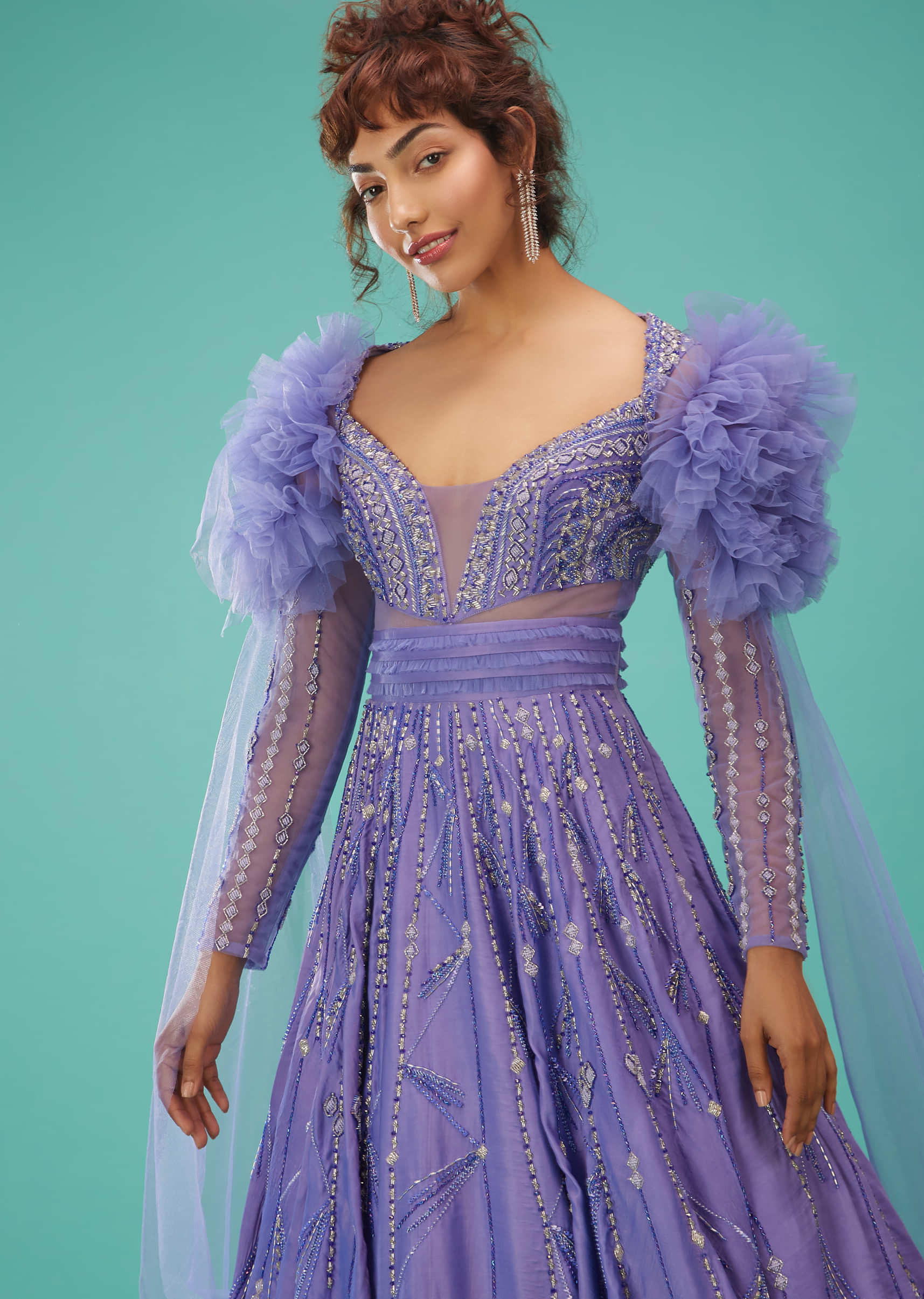 Mauve Purple Ball Gown With Ruffle Frills And Embroidery