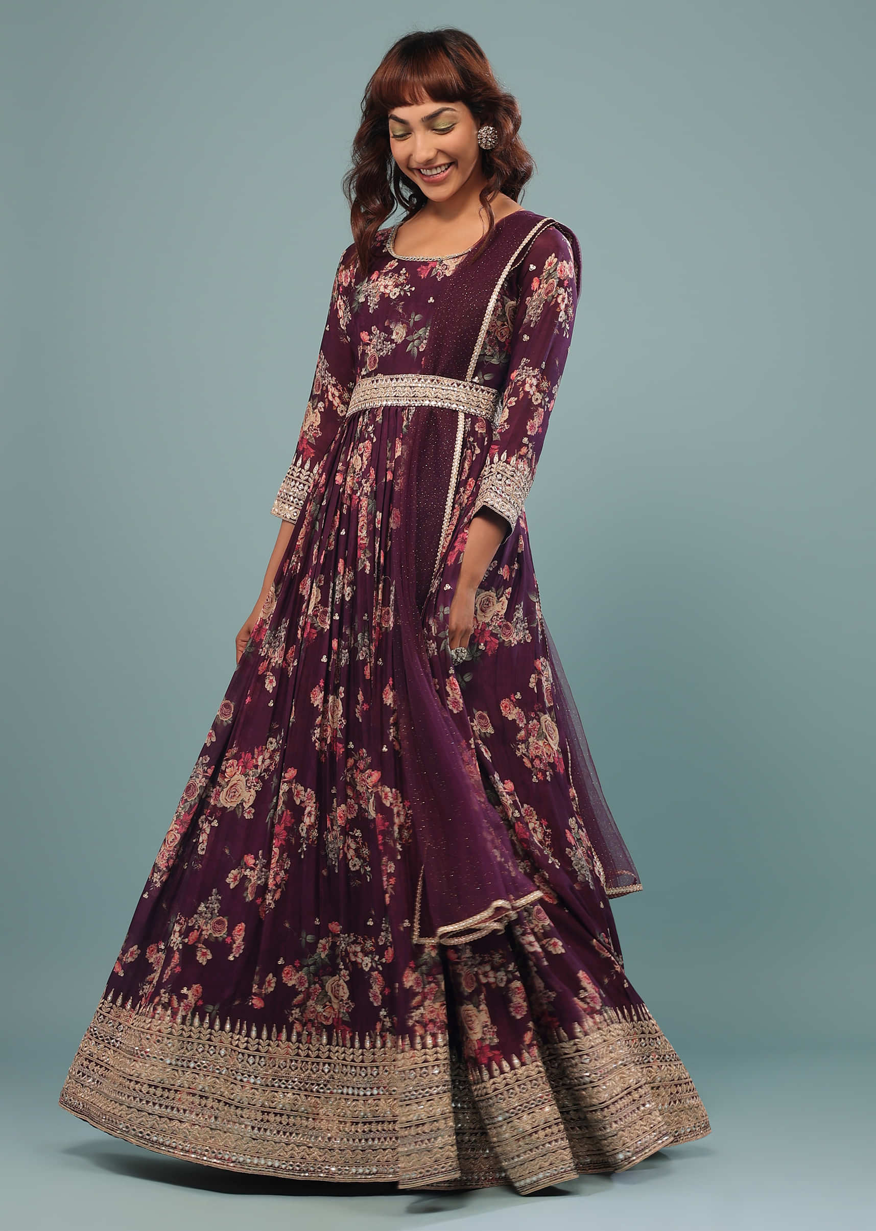 Plum Purple Embroidered Anarkali Suit With Vintage Floral Print In Georgette
