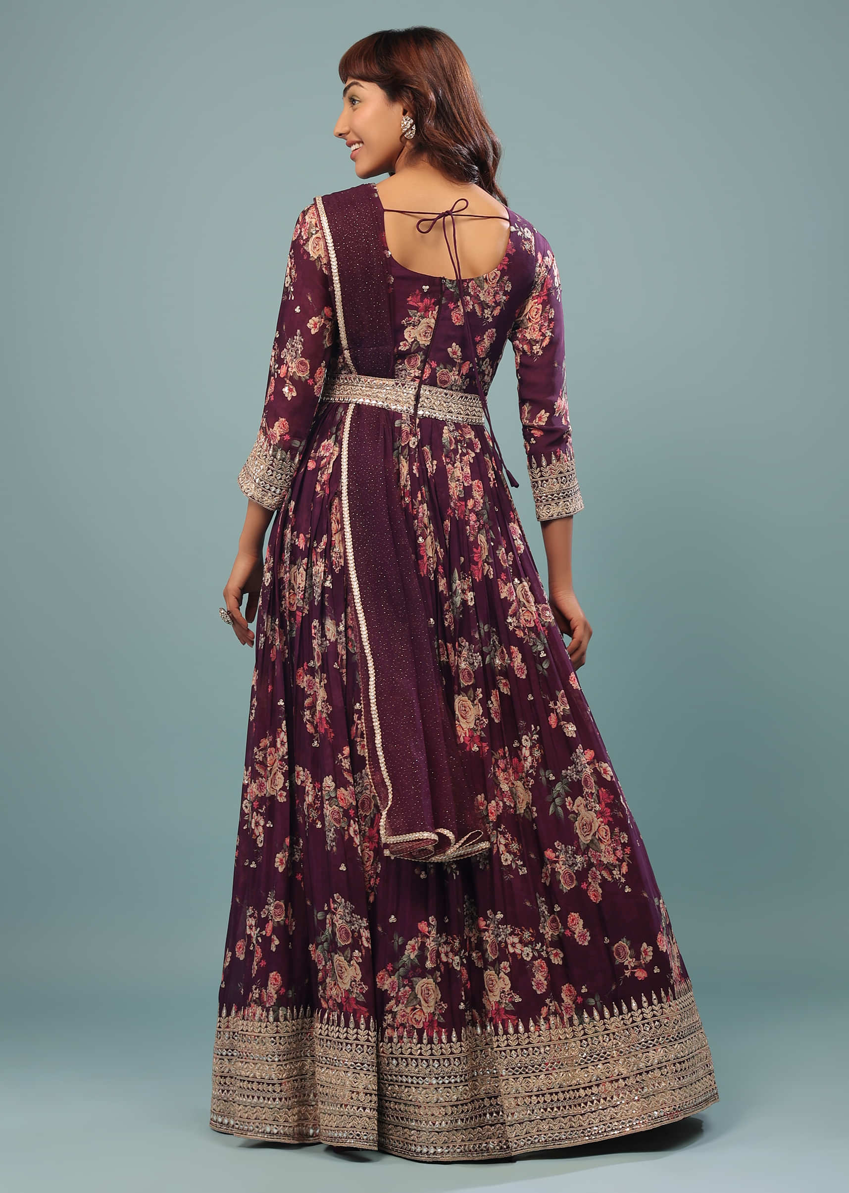 Plum Purple Embroidered Anarkali Suit With Vintage Floral Print In Georgette