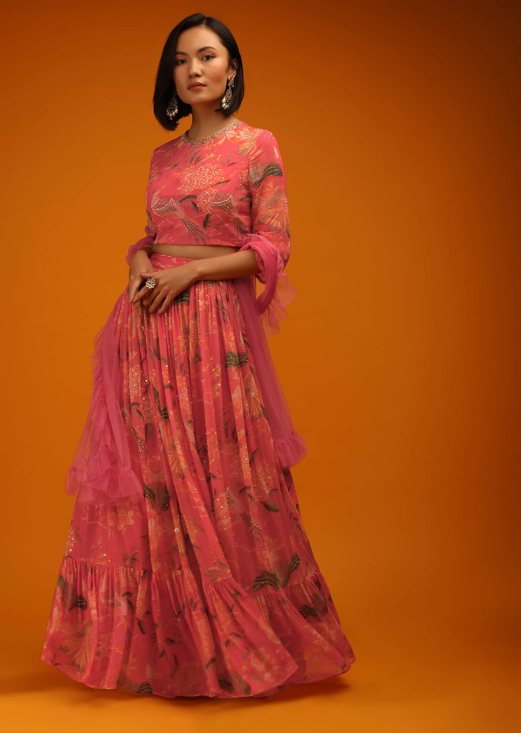 Deep Sea Coral Lehenga Choli In Georgette With Floral Print And Sequin Accents
