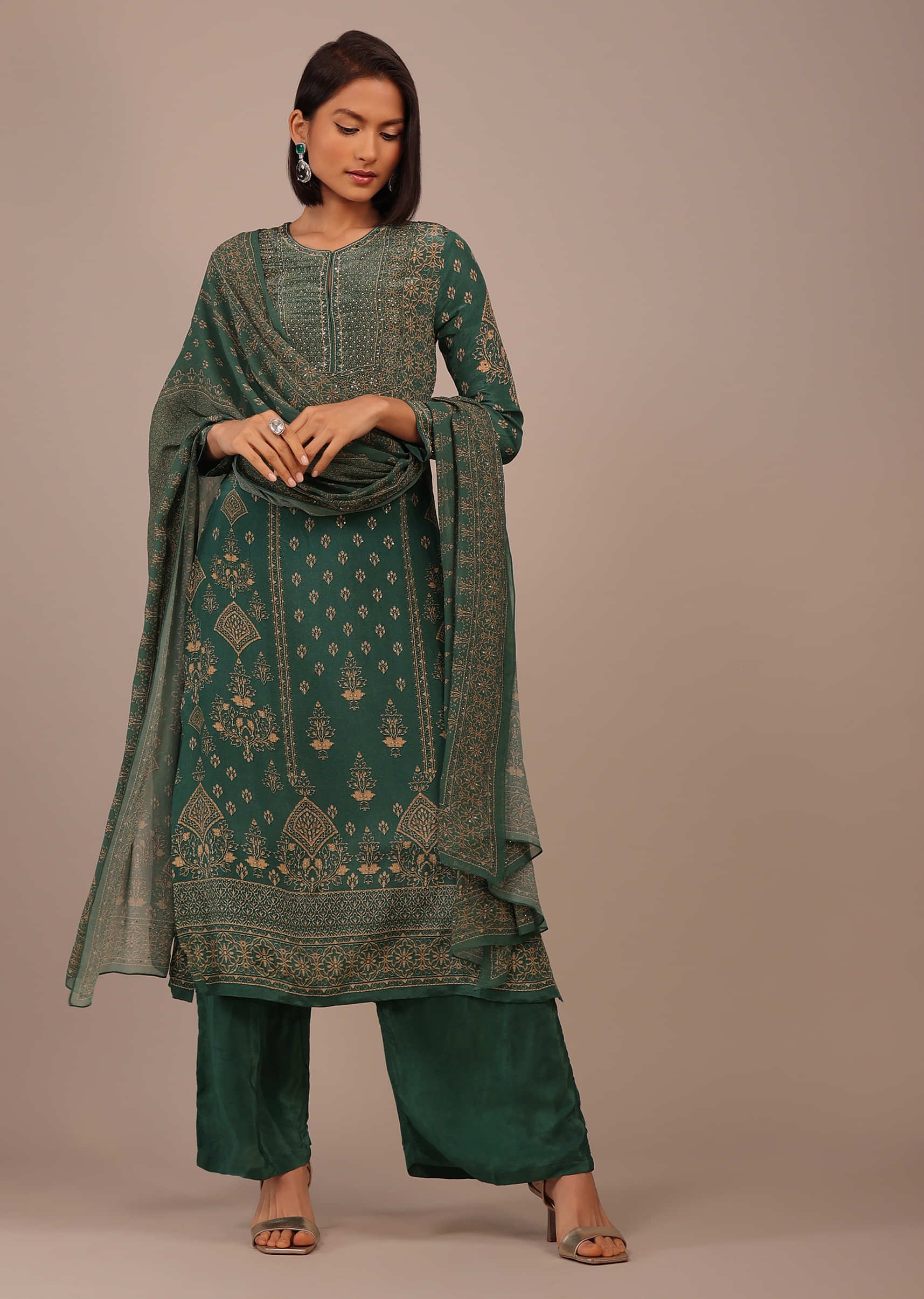Deep Green Printed Palazzo Suit With Stonework In Crepe