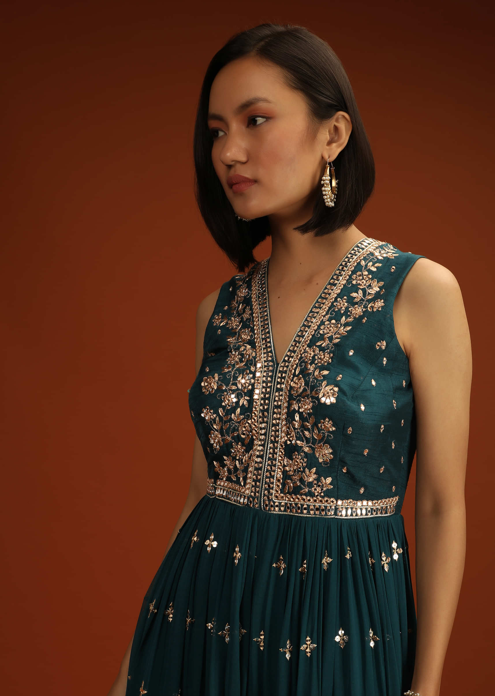 Deep Teal Blue Jumpsuit In Georgette With Zari And Sequins Embroidered Buttis And Mughal Motifs