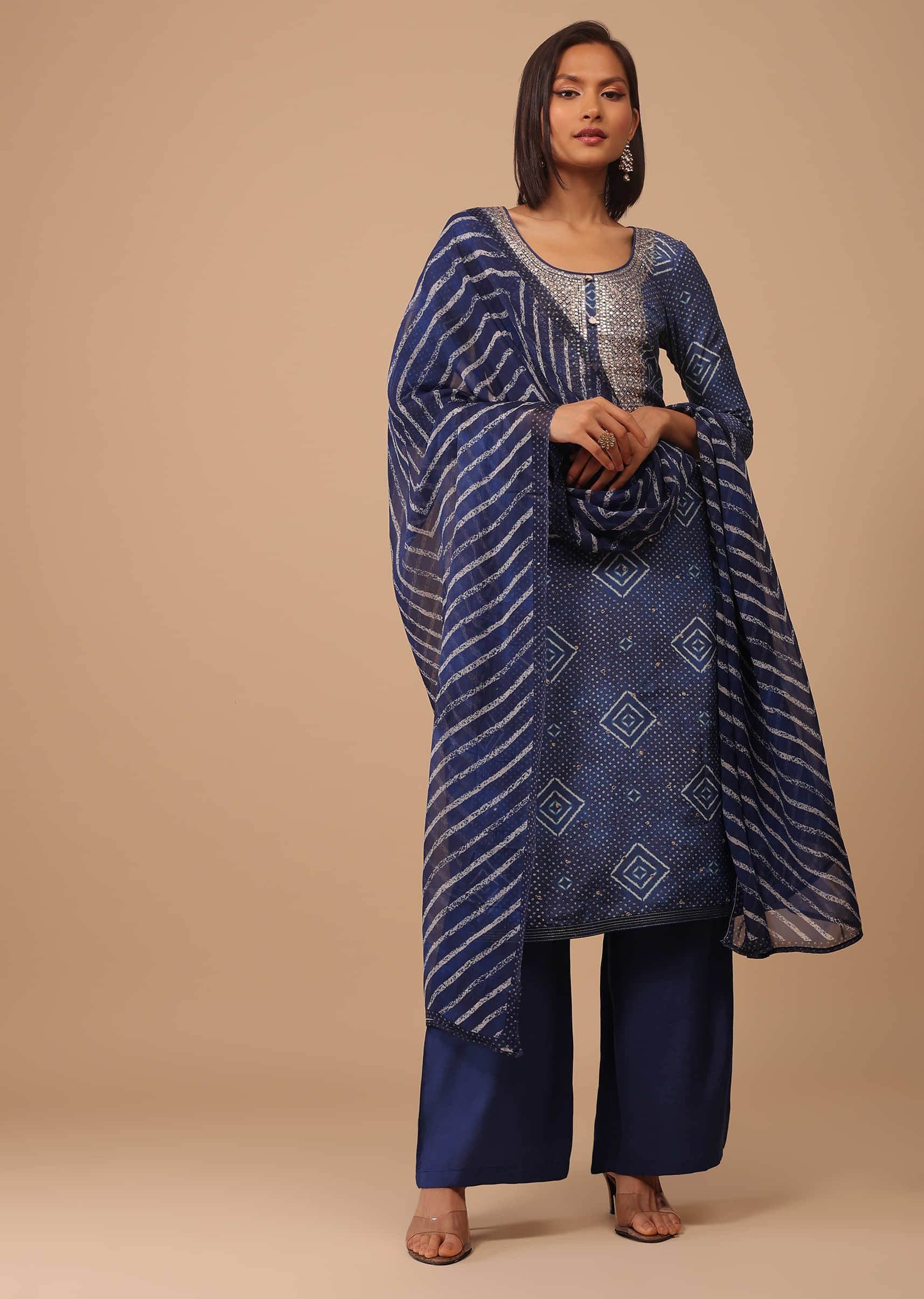 Persian Blue Embroidered Bandhani Printed Cotton Palazzo Suit With Leheriya Dupatta
