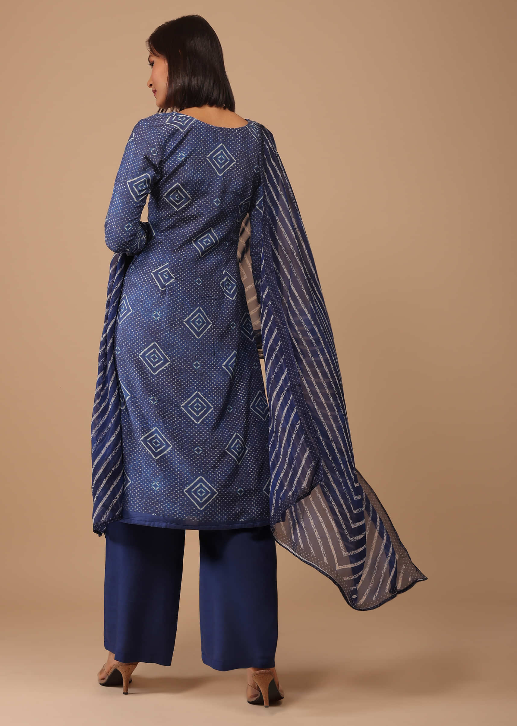 Persian Blue Embroidered Bandhani Printed Cotton Palazzo Suit With Leheriya Dupatta