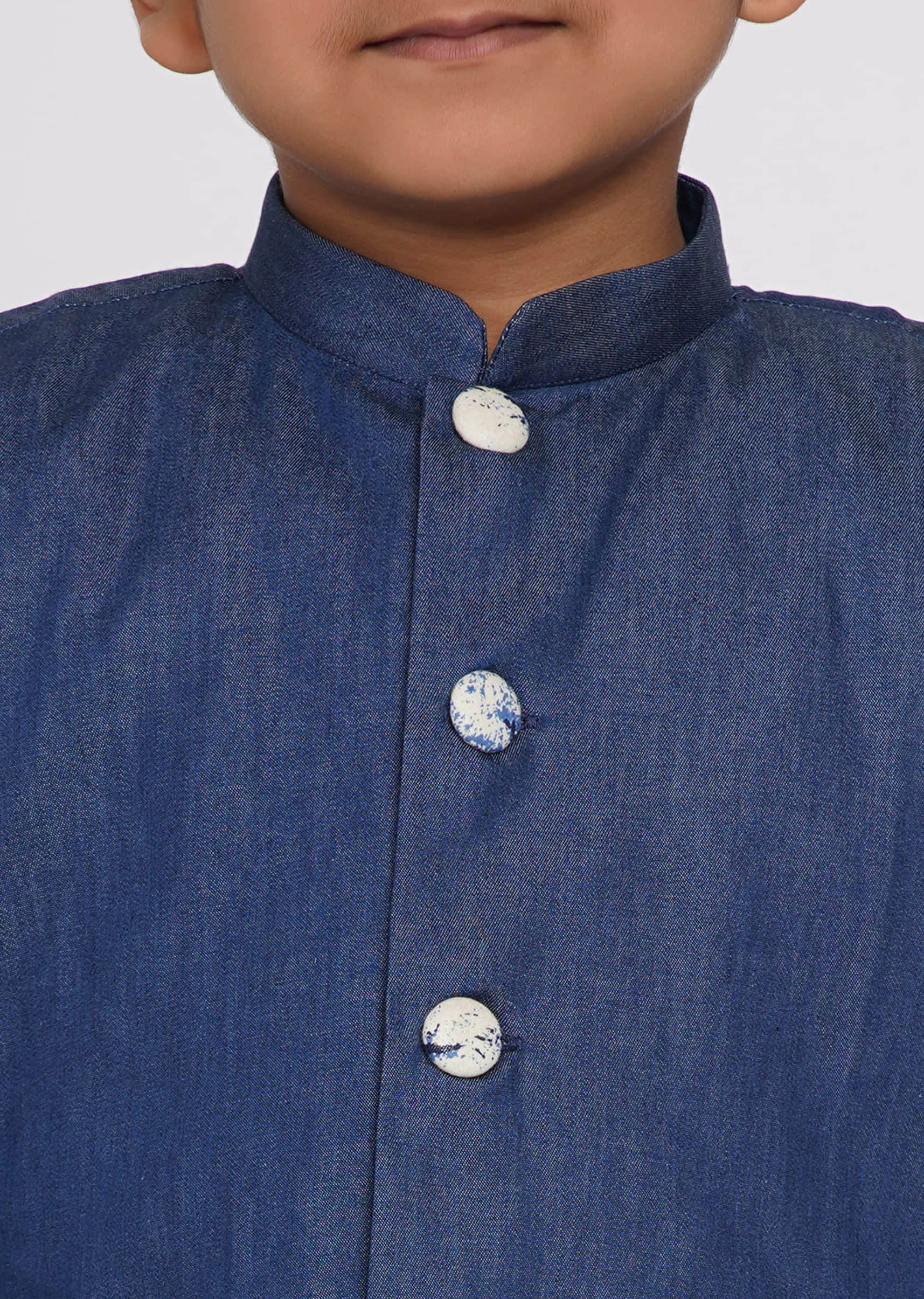 Kalki Denim Blue Kurta Set For Boys In Cotton With Nehru Jacket In Patchwork