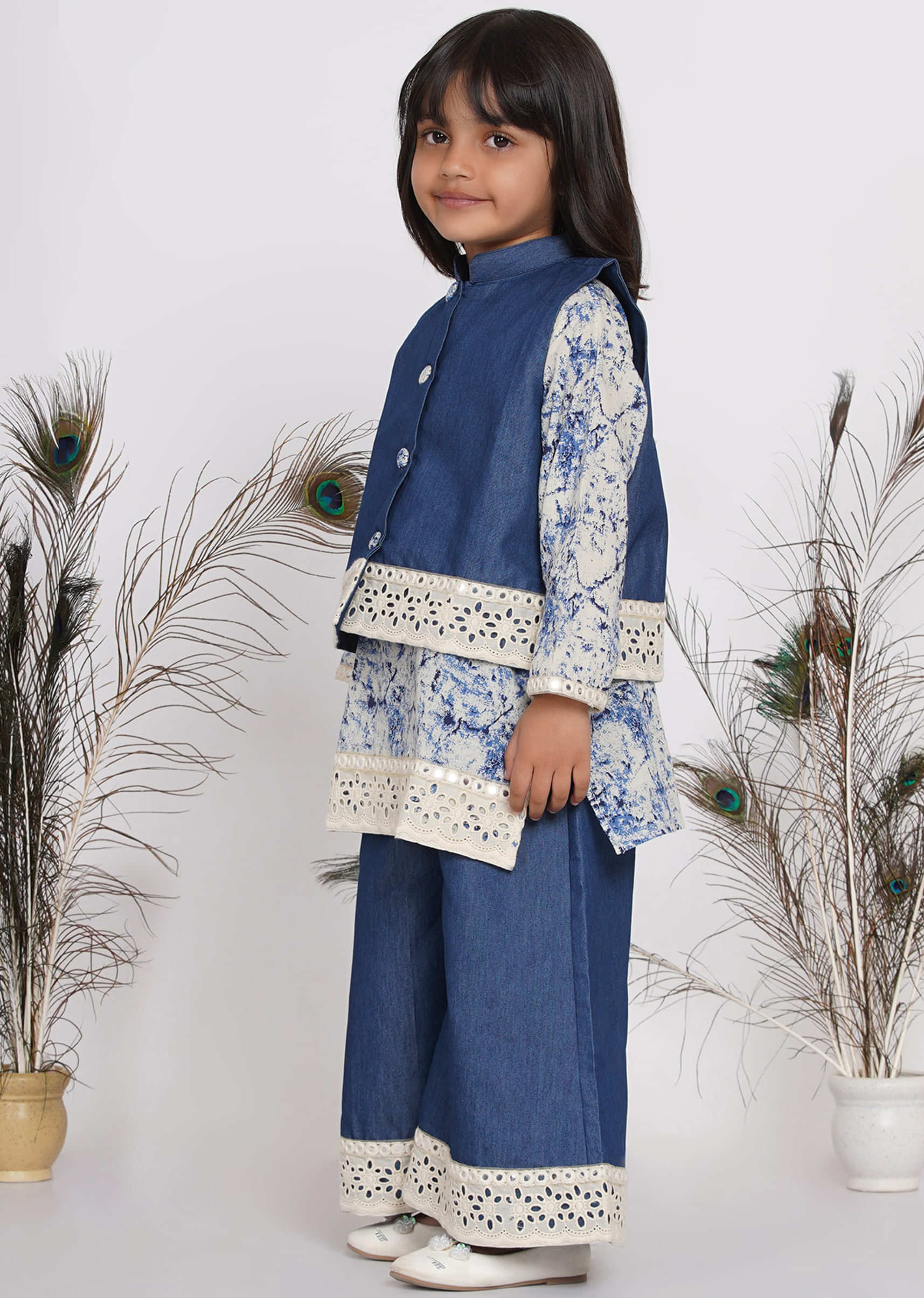 Kalki Denim Blue Palazzo Suit Set For Girls In Cotton With Jacket In Patchwork