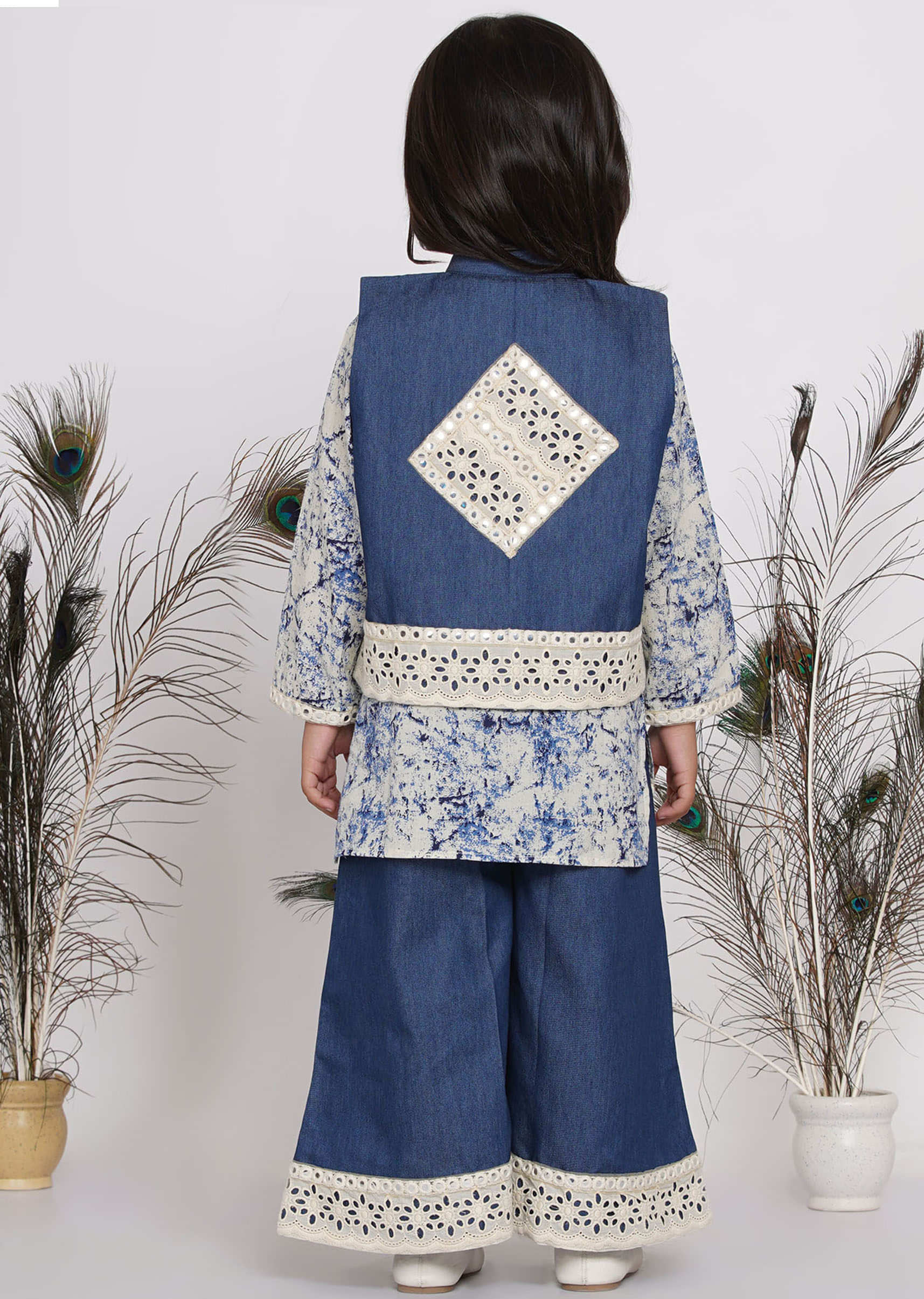 Kalki Denim Blue Palazzo Suit Set For Girls In Cotton With Jacket In Patchwork