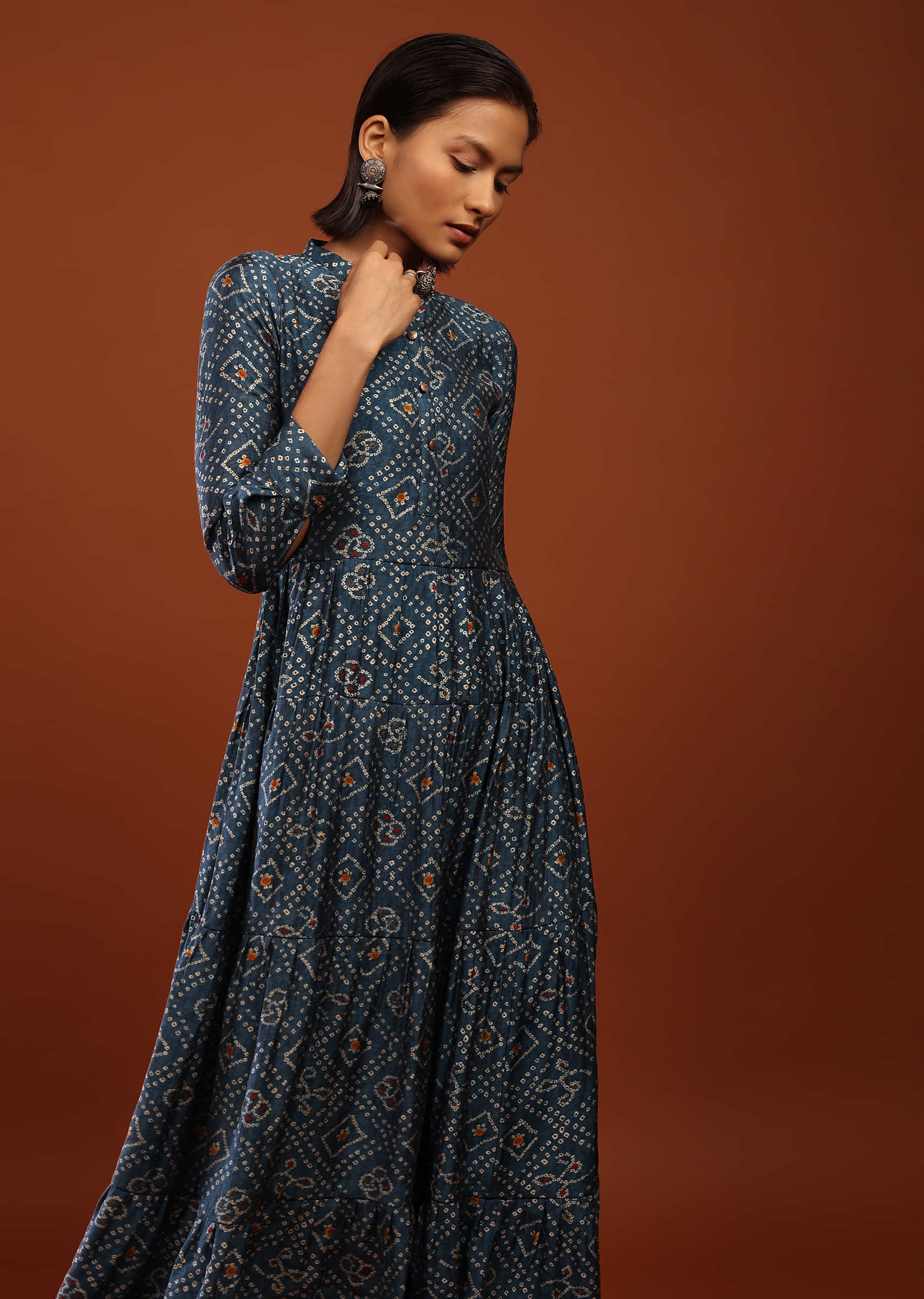 Teal Blue Tiered Dress In Silk With Bandhani Print