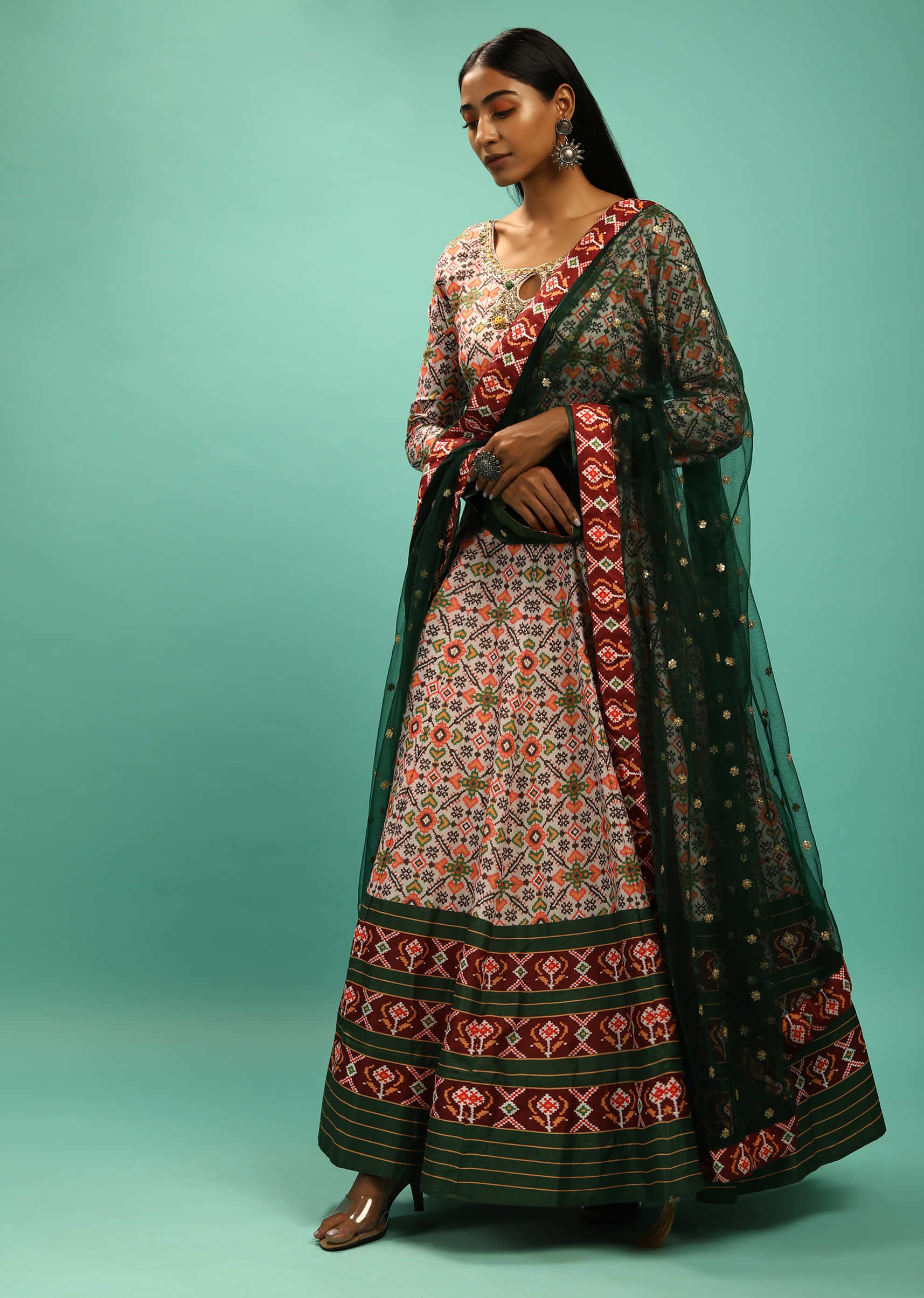 Desert Ivory Anarkali Suit With Multi Colored Patola Print And Zardosi Embroidery  