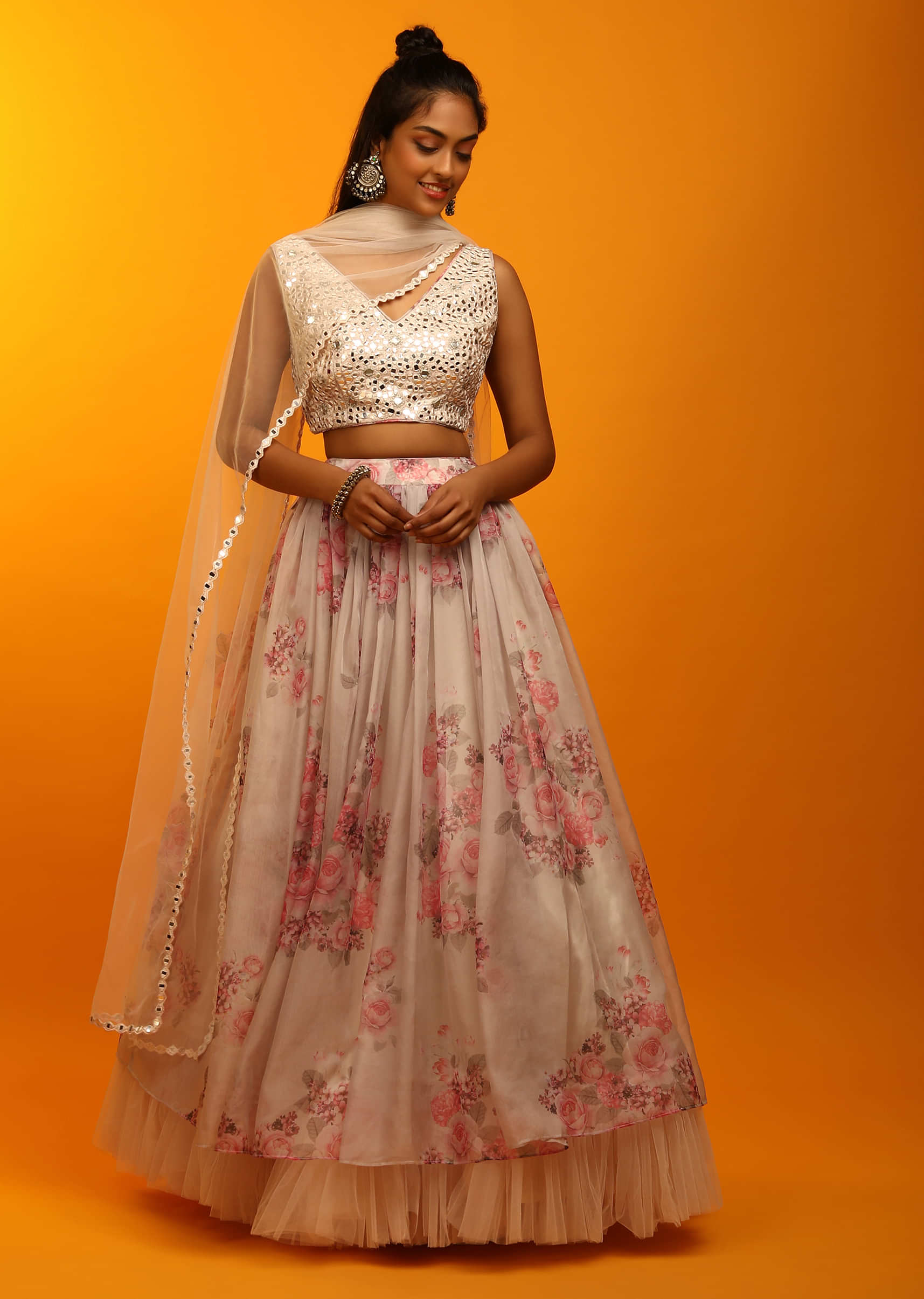 Dew Beige Lehenga In Sheer Organza With Floral Print And Mirror Abla Embroidered Sleeveless Choli