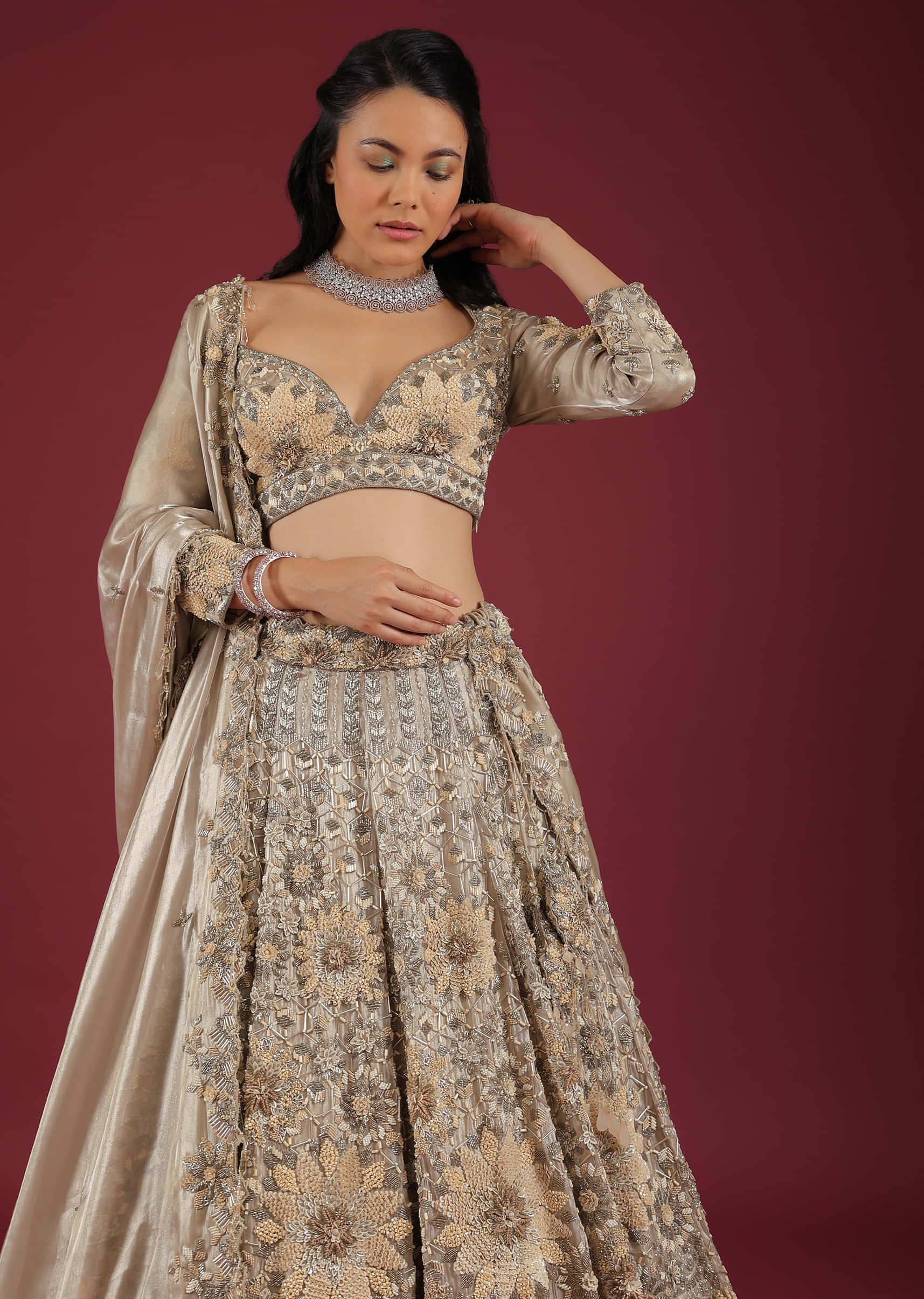 Doe Organza Lehenga And A Crop Top In 3D Petals Motifs Embroidery, Crop Top In 3/4Th Sleeves In A Sweet Heart Neckline