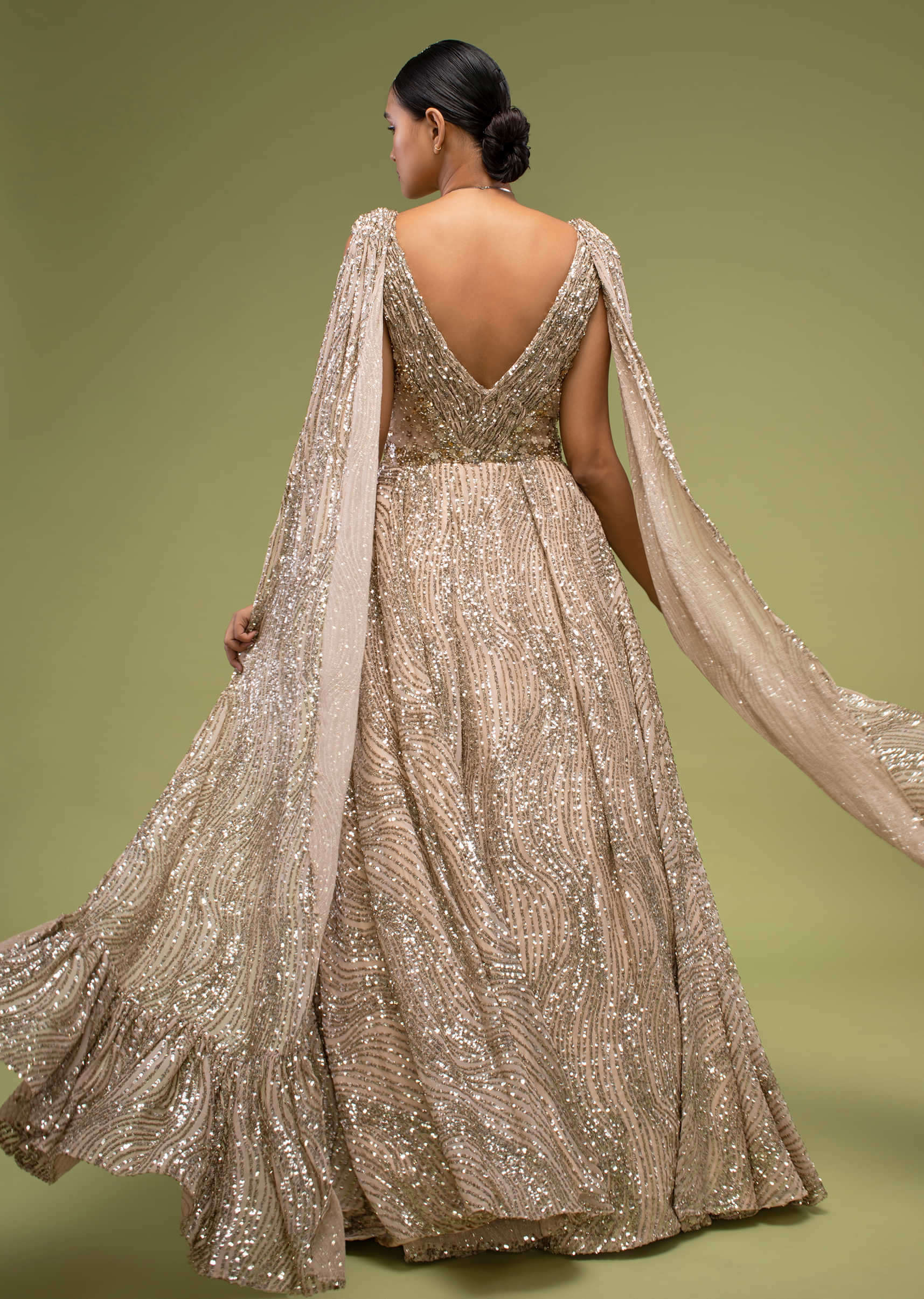 Doe Gown With A Long Cape In Sequins Embroidery, Crafted In Sleeveless With A V Neckline And A Side Zip Closure
