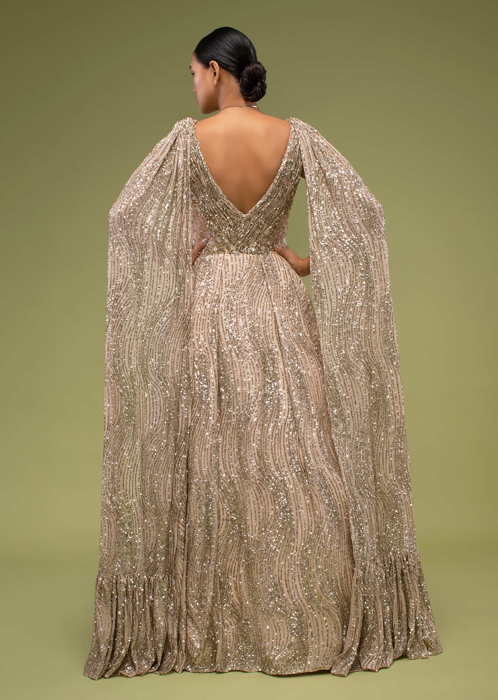 Doe Gown With A Long Cape In Sequins Embroidery, Crafted In Sleeveless With A V Neckline And A Side Zip Closure