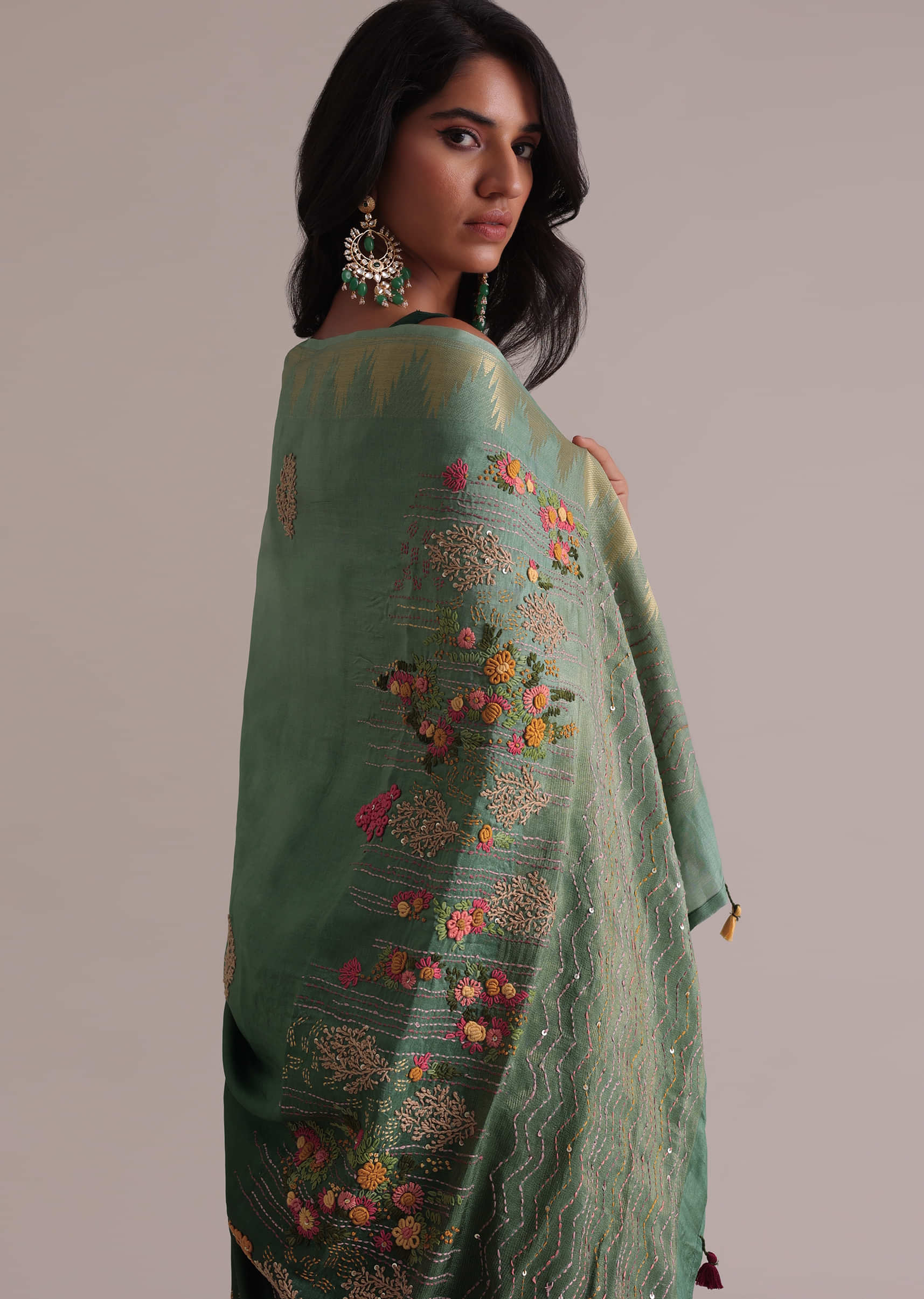 Dual-Tone Green Ombre Saree With Resham 3D Bud And Threadwork Embroidery In Dola Crepe