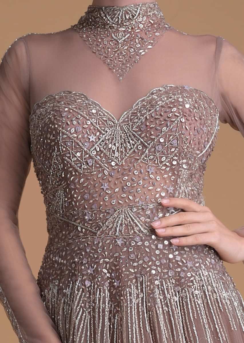 Eve Champagne Gown In Hand Embellished Net With Geometric Motifs And Choker Pattern