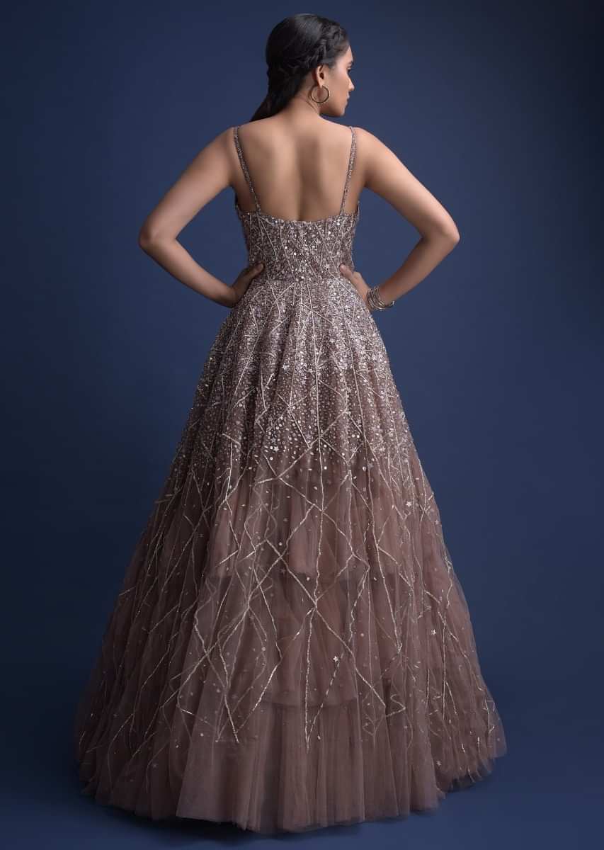Eve Champagne Gown In Hand Embellished Net With Geometric Motifs