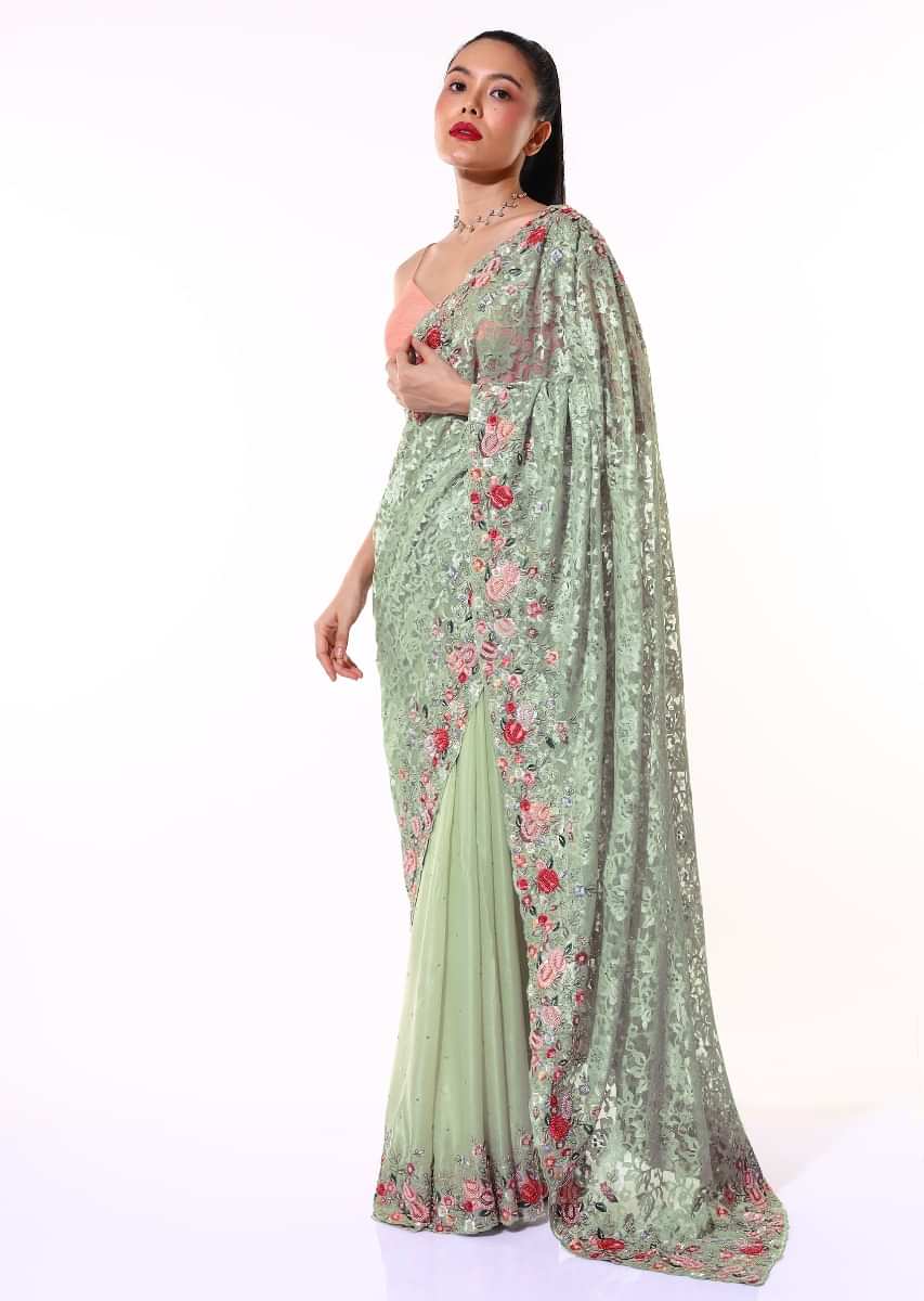 Dusty Green Half And Half Saree In Satin Crepe With Floral Lace Pallu Adorned In Colorful Resham Embroidered Border Online - Kalki Fashion