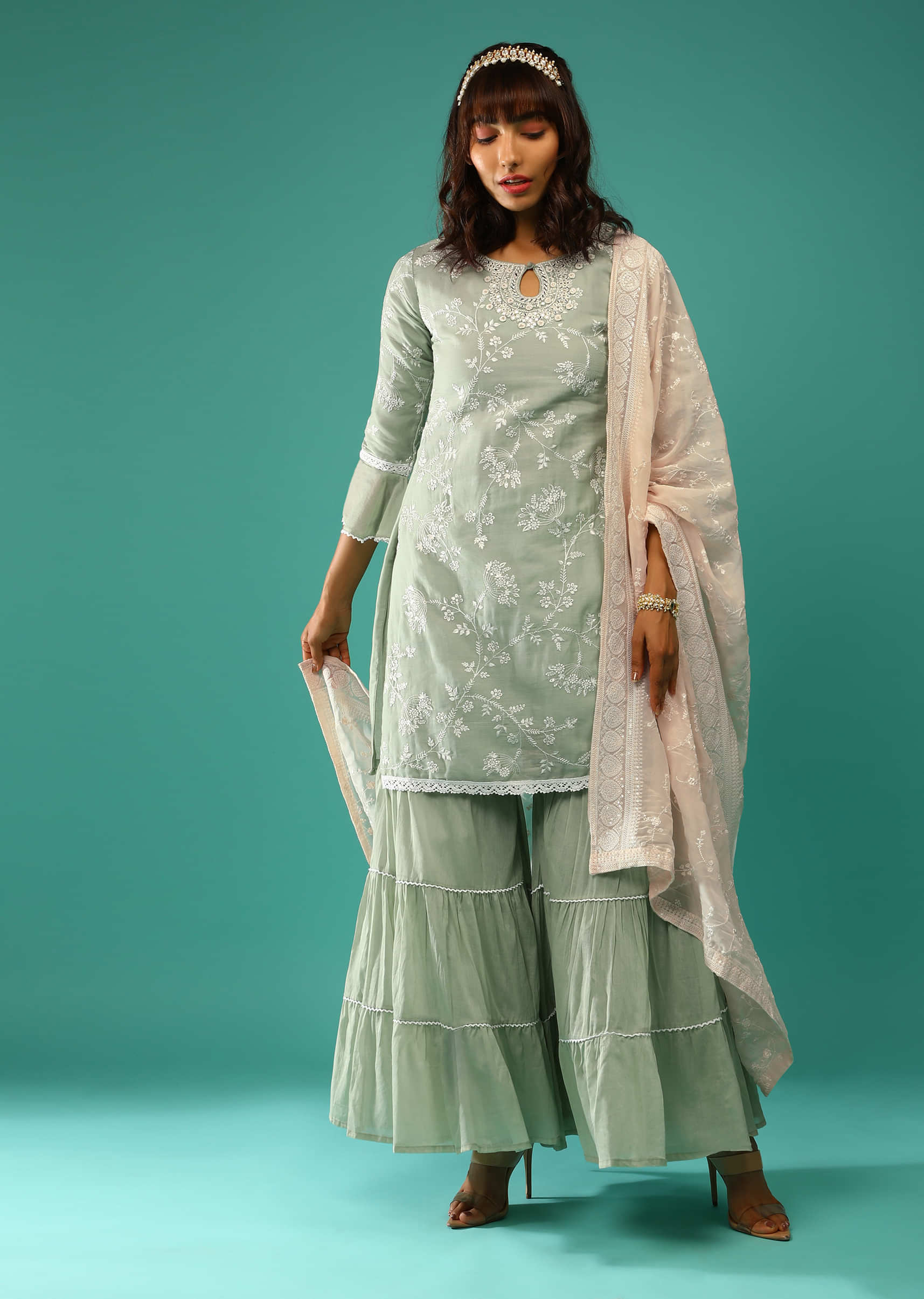 Dusty Green Sharara Suit In Cotton With Resham Embroidered Floral Jaal And Ruffle Sleeve Detailing  