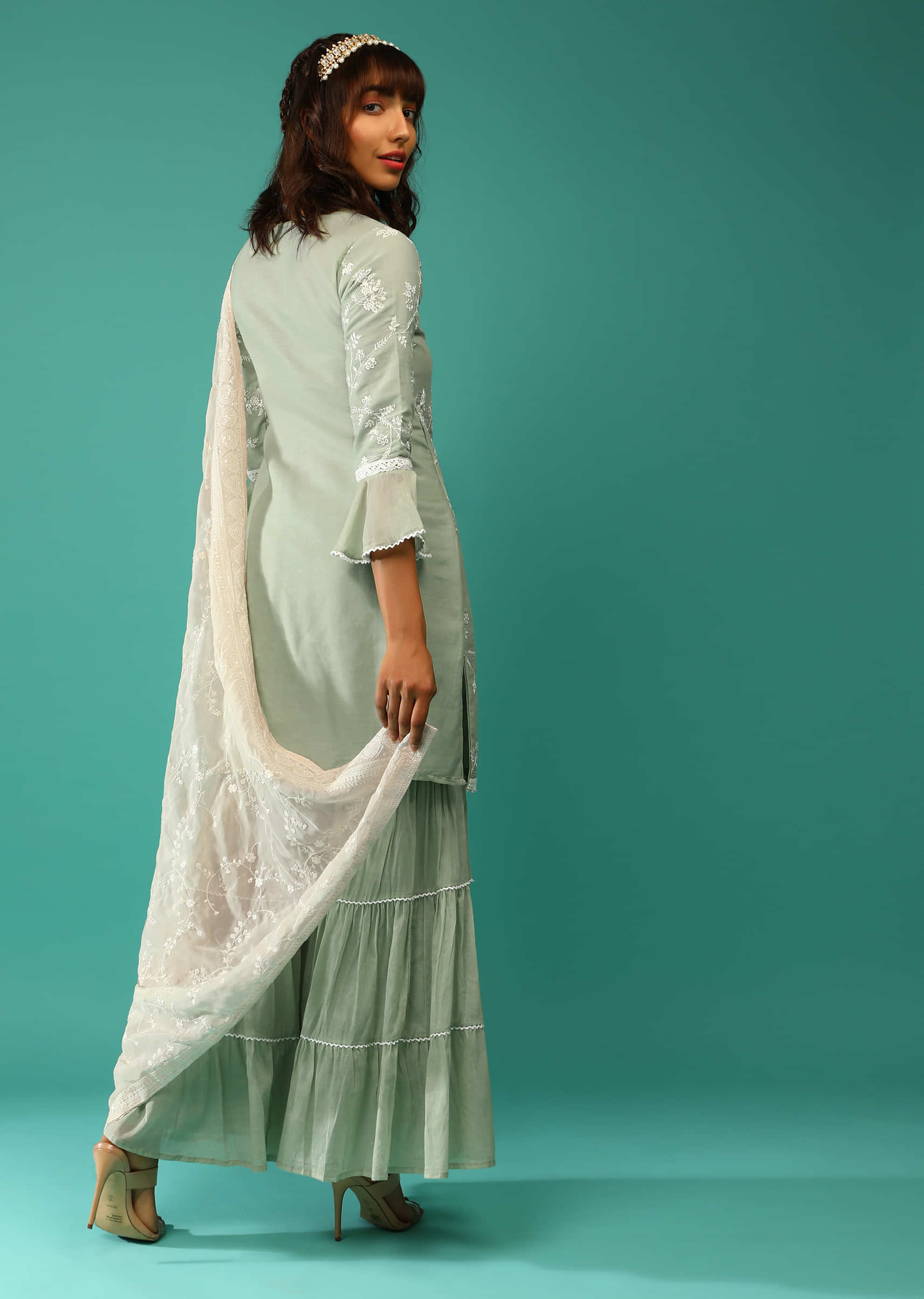 Dusty Green Sharara Suit In Cotton With Resham Embroidered Floral Jaal And Ruffle Sleeve Detailing  