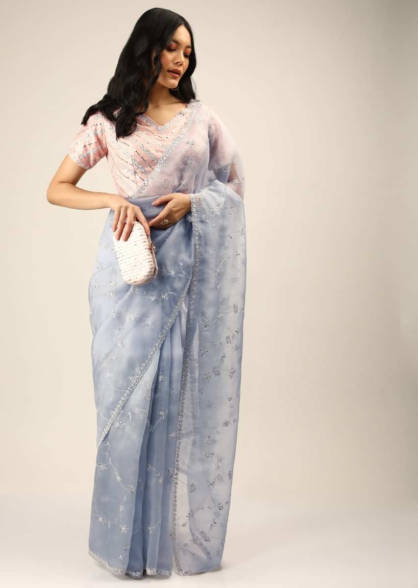 Blue Saree In Organza With Mirror Embroidered Floral Jaal And Peach Ready Blouse  