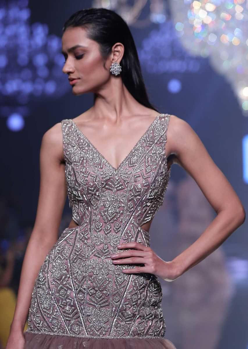 Eve Champagne Mermaid Cut Gown In Hand Crafted Net With Geometric Motifs Online - Kalki Fashion