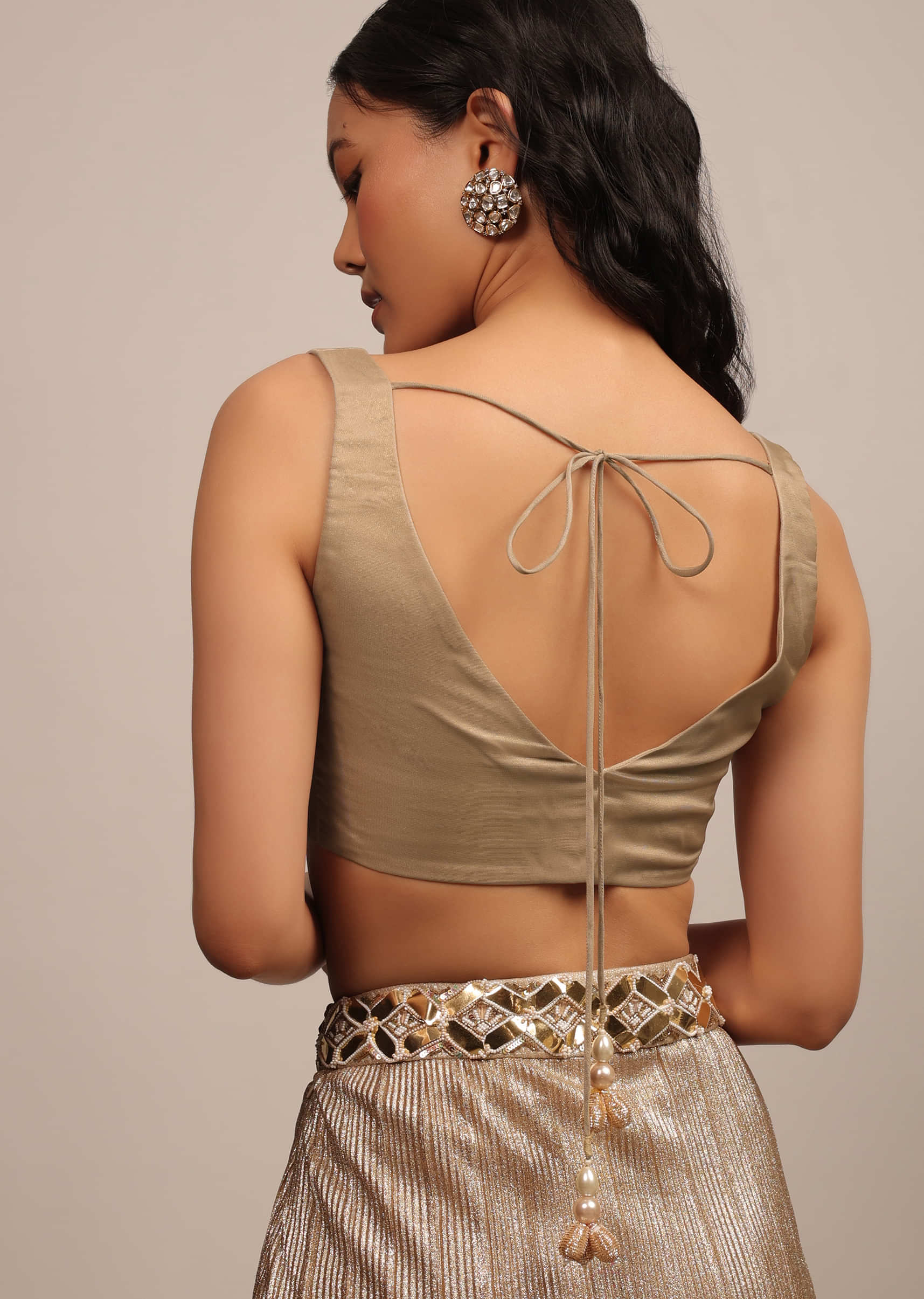 Dusty Gold Sleeveless Blouse In Jute Organza Fabric With A Sweetheart Neckline