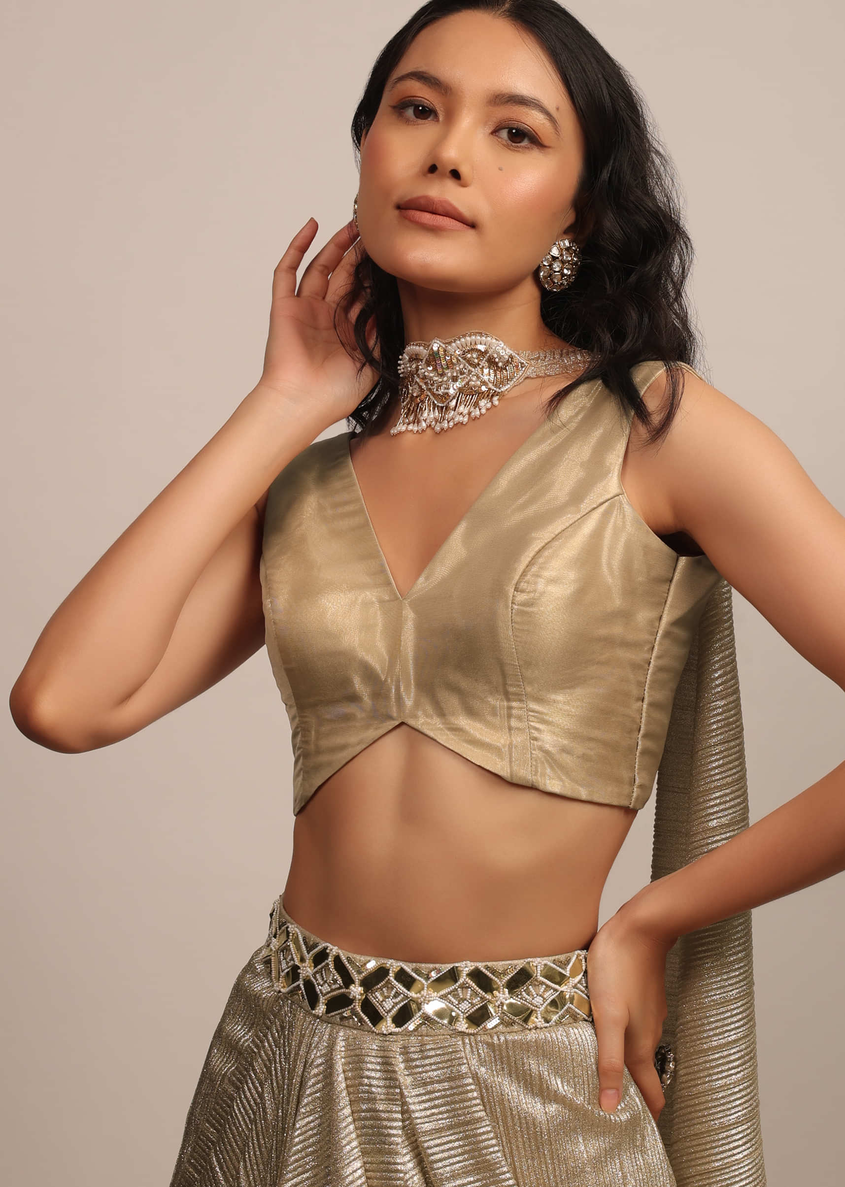 Dusty Gold Sleeveless Blouse In Jute Organza Fabric With A V-Neckline