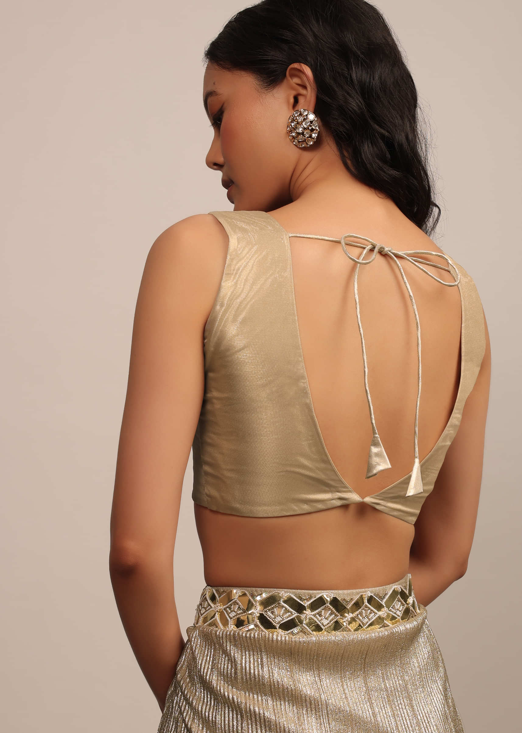Dusty Gold Sleeveless Blouse In Jute Organza Fabric With A V-Neckline