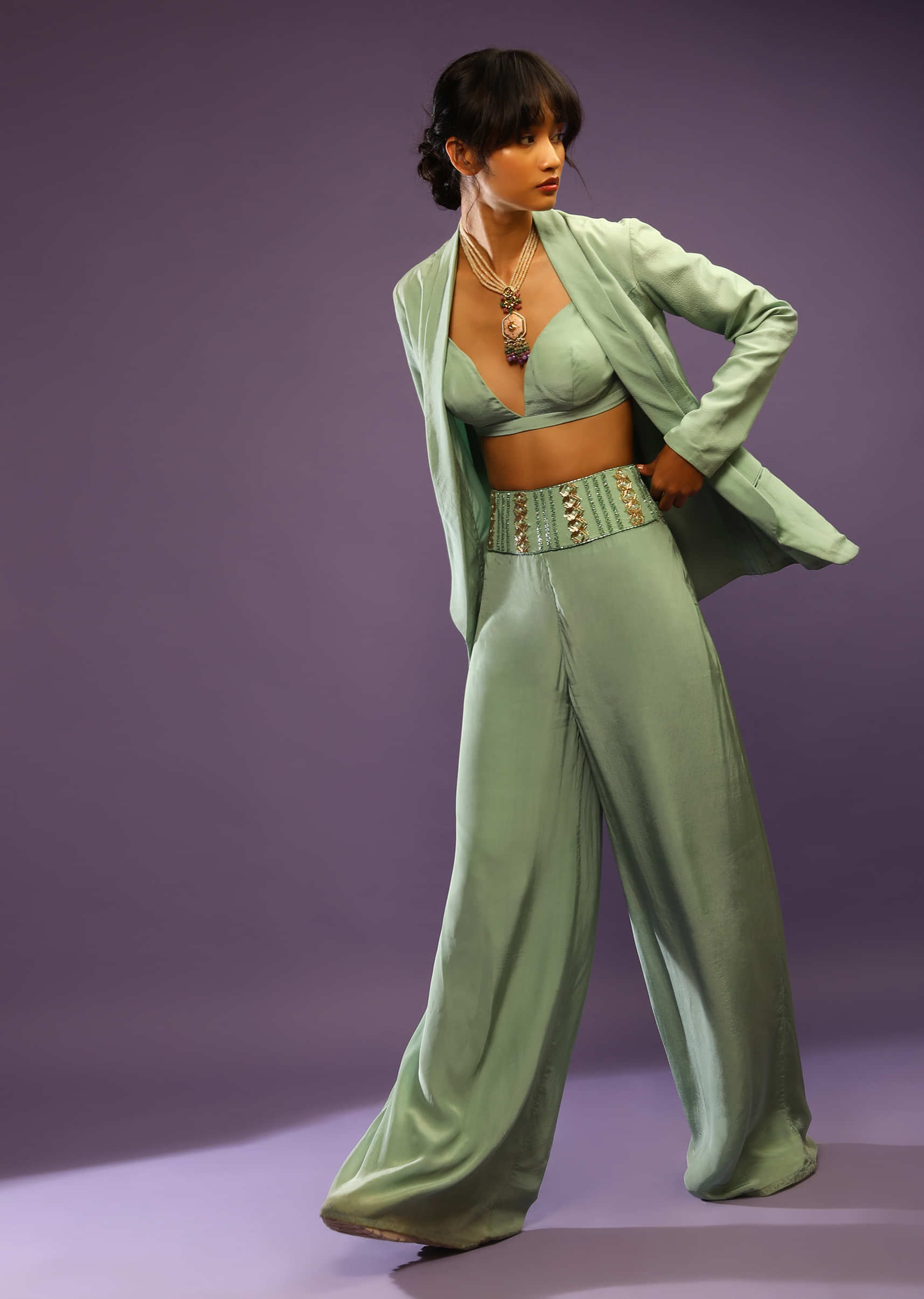 Dusty Jade Blazer And Palazzo Suit With A Plunge Neckline Bustier