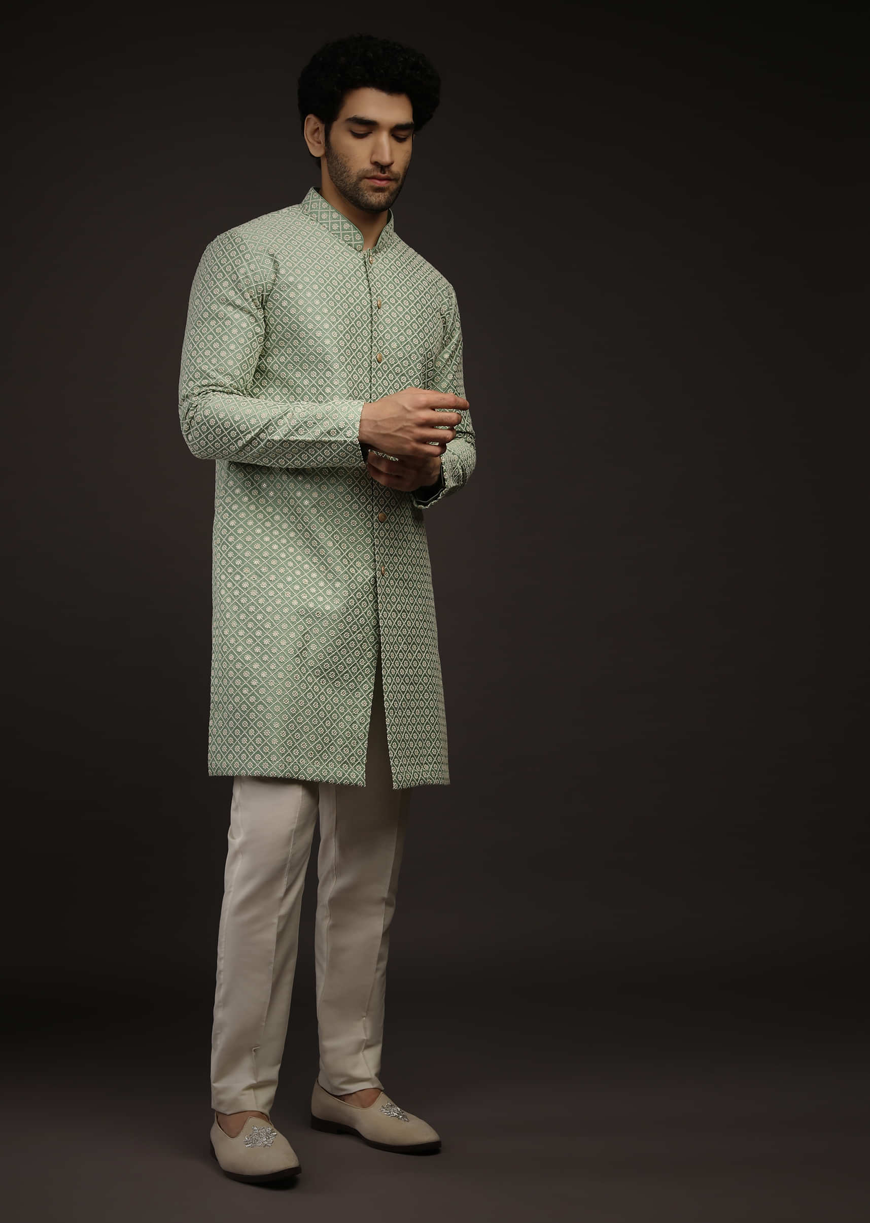 Dusty Jade Green Kurta Set With Lucknowi Thread And Sequins Embroidered Jaal And Centre Placket