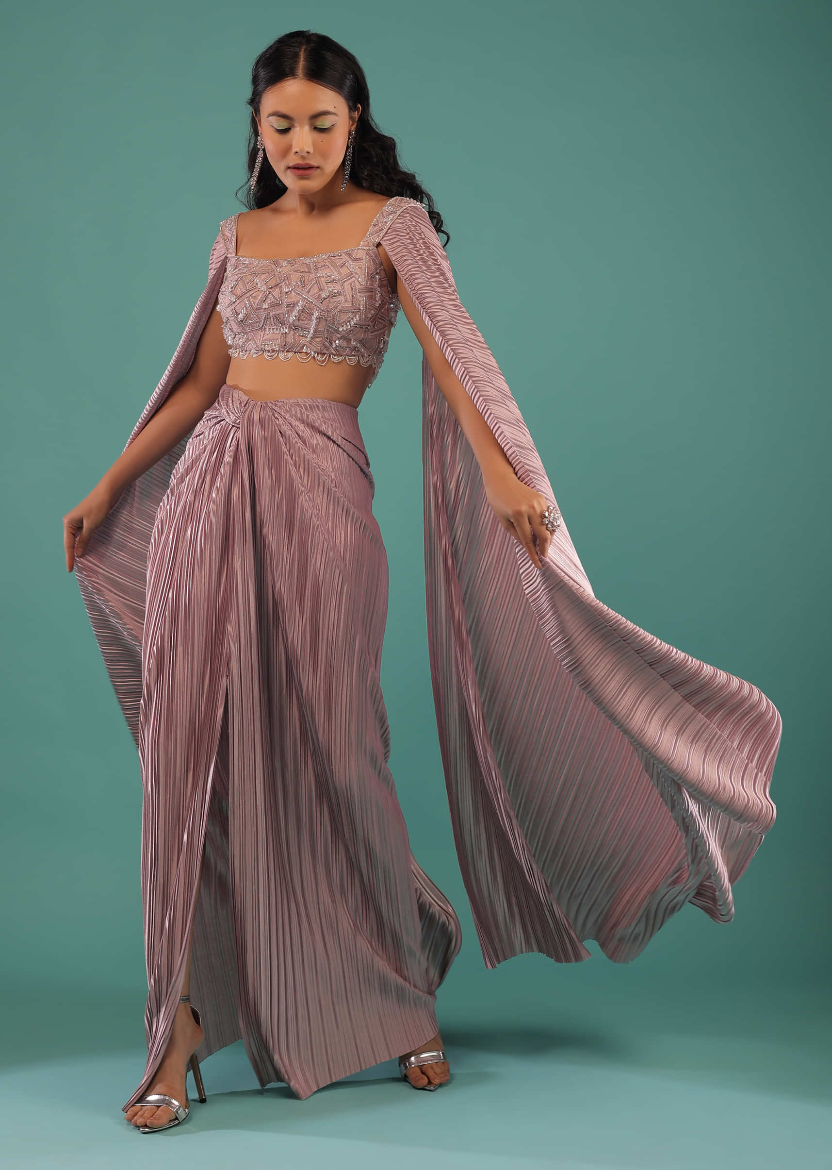Dusty Lavender Draped Skirt And Crop Top Set With Resham And 3D Embroidery And Extended Sleeves