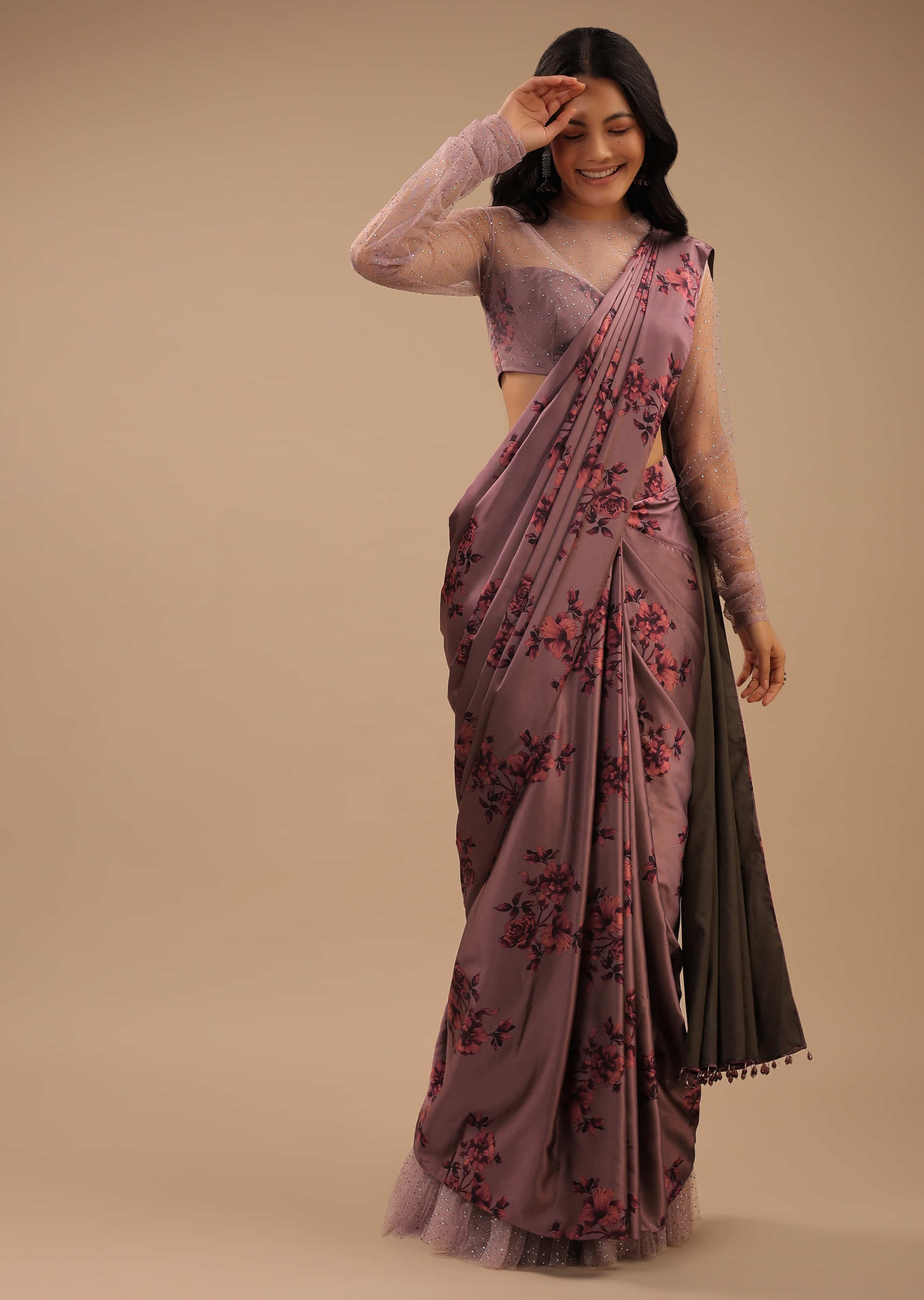 Dusty Mauve Ready Pleated Satin Saree With Floral Print And Stone Embellished Blouse