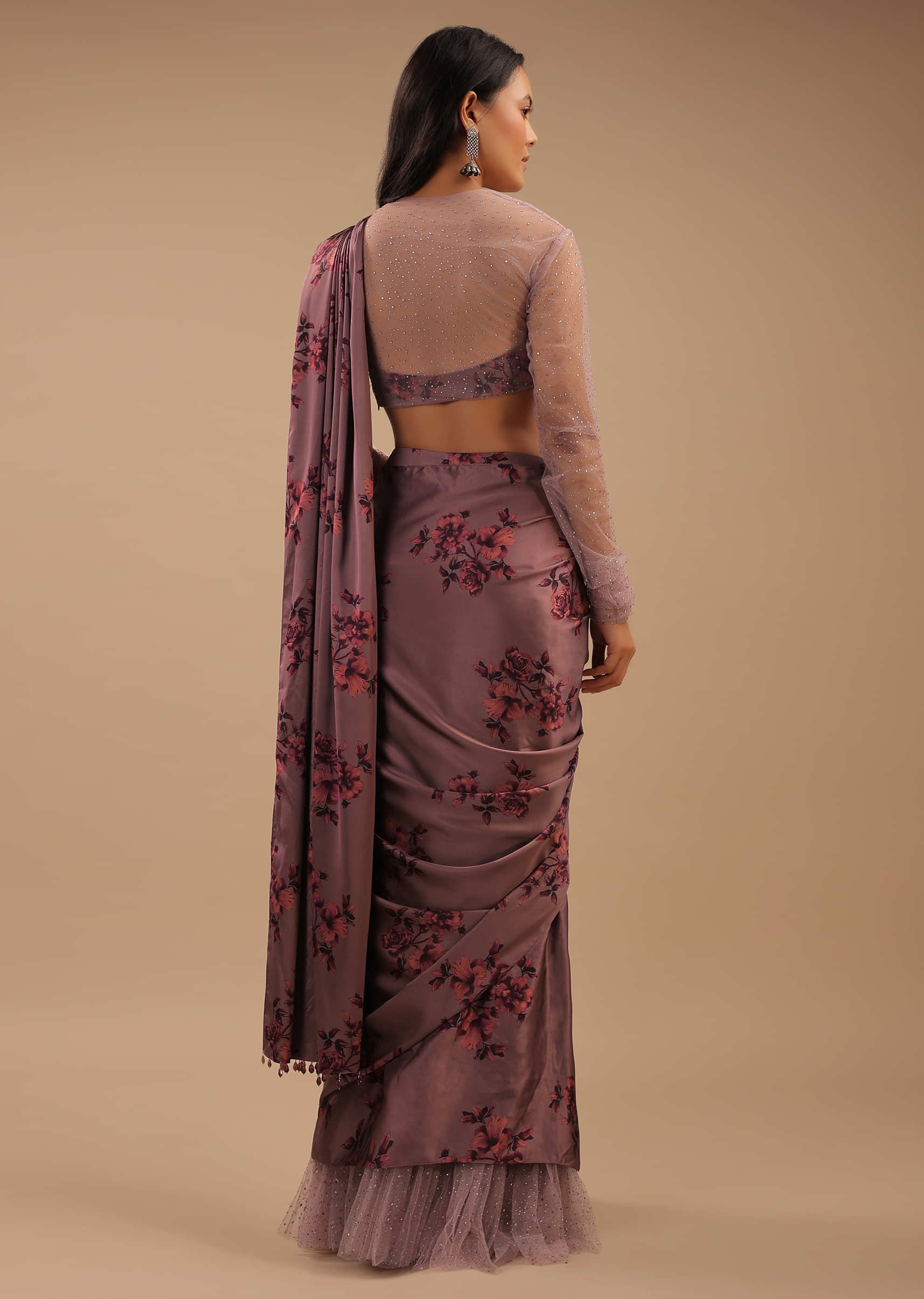 Dusty Mauve Ready Pleated Satin Saree With Floral Print And Stone Embellished Blouse