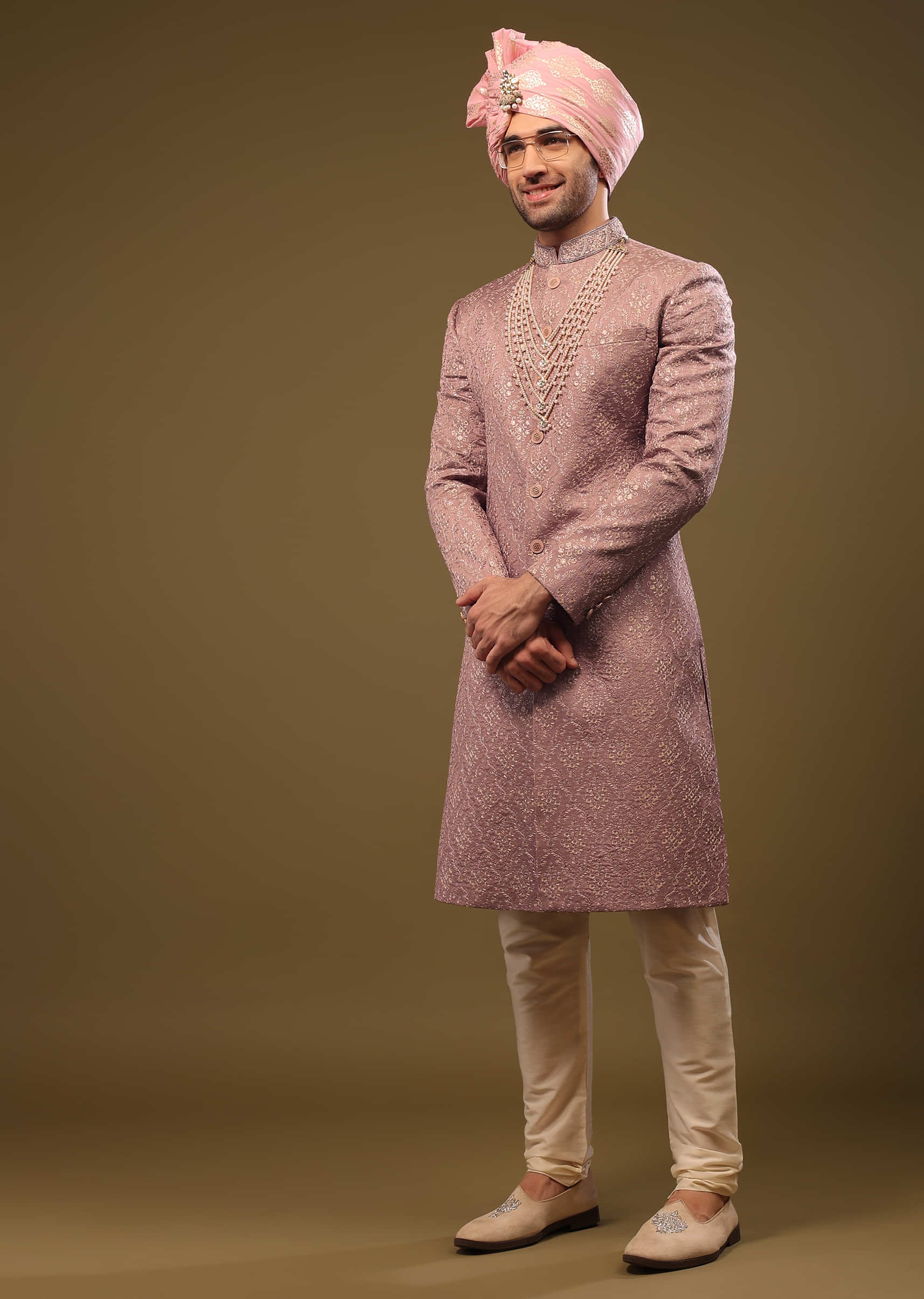 Dusty Pink Purple Thread Embroidered Sherwani Set In Silk