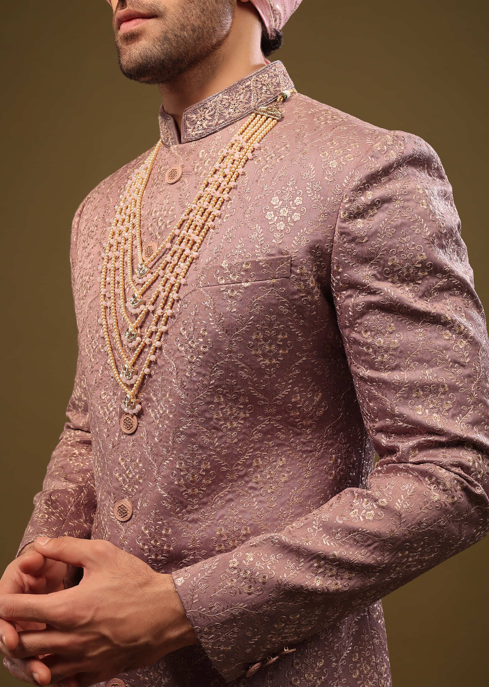 Dusty Pink Purple Thread Embroidered Sherwani Set In Silk