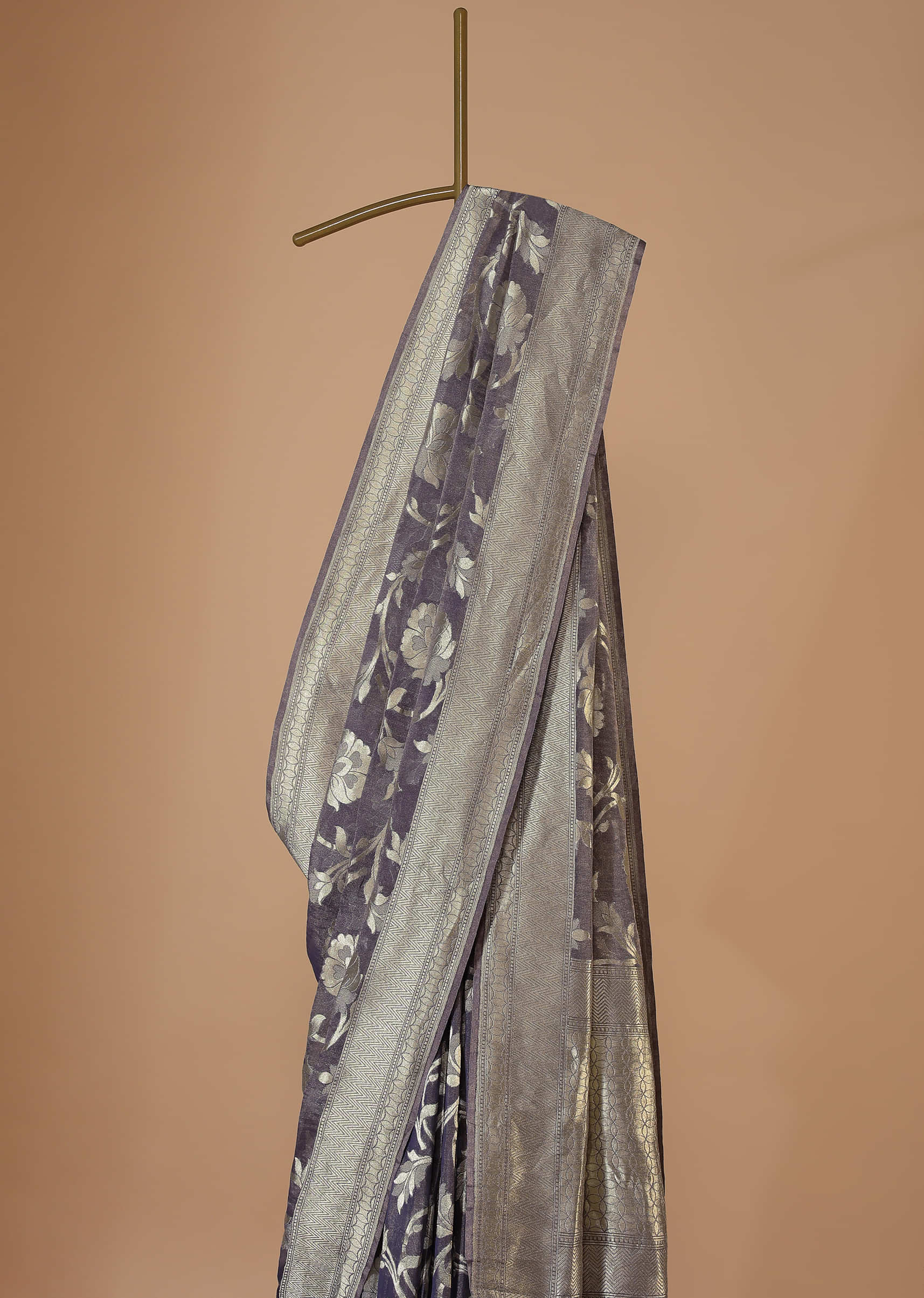 Fog Grey Saree In Tissue Georgette With Banarasi Zari Weave And An Unstitched Blouse