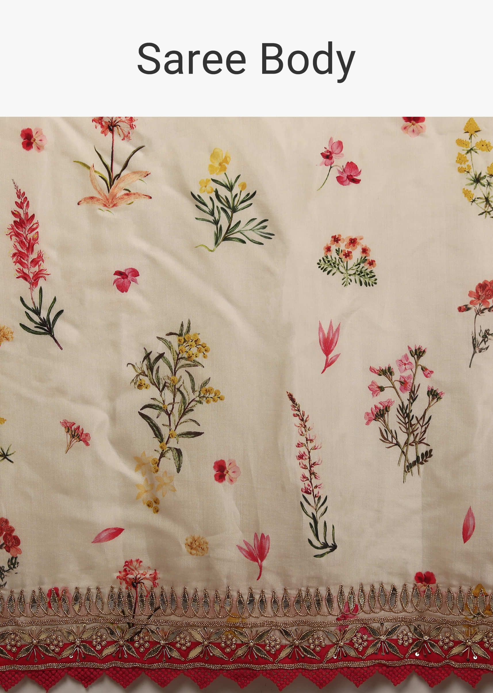 Eggnog Beige Saree In Cotton Silk With Spring Flower Motifs And Gotta Embroidered Border