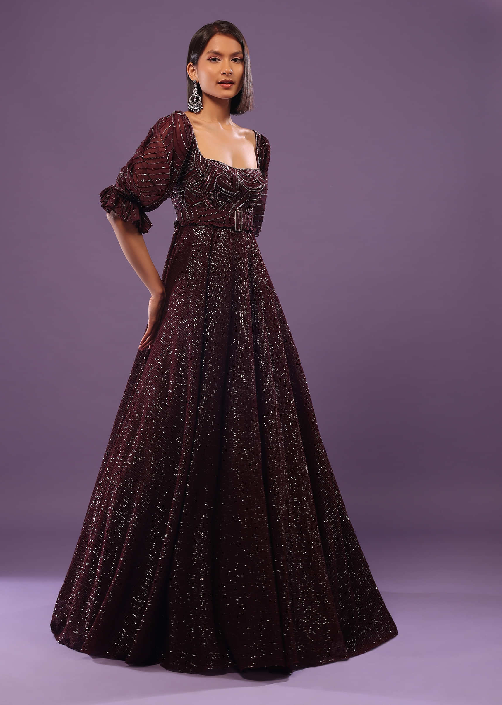 Wine Purple Embroidered Gown In Sequins