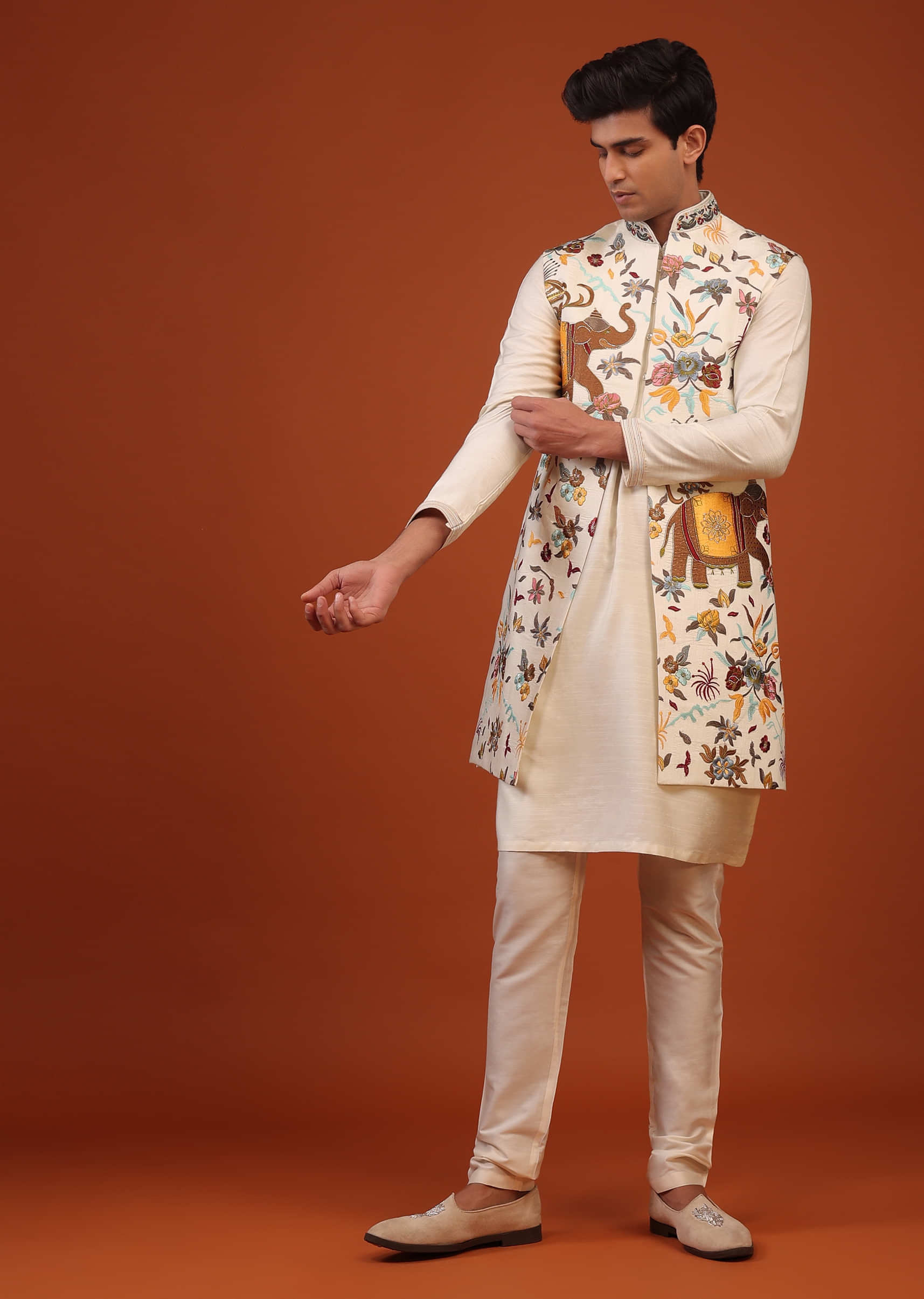 Pearl White Heritage Indowestern Set In Silk With Thread And Zari Embroidery