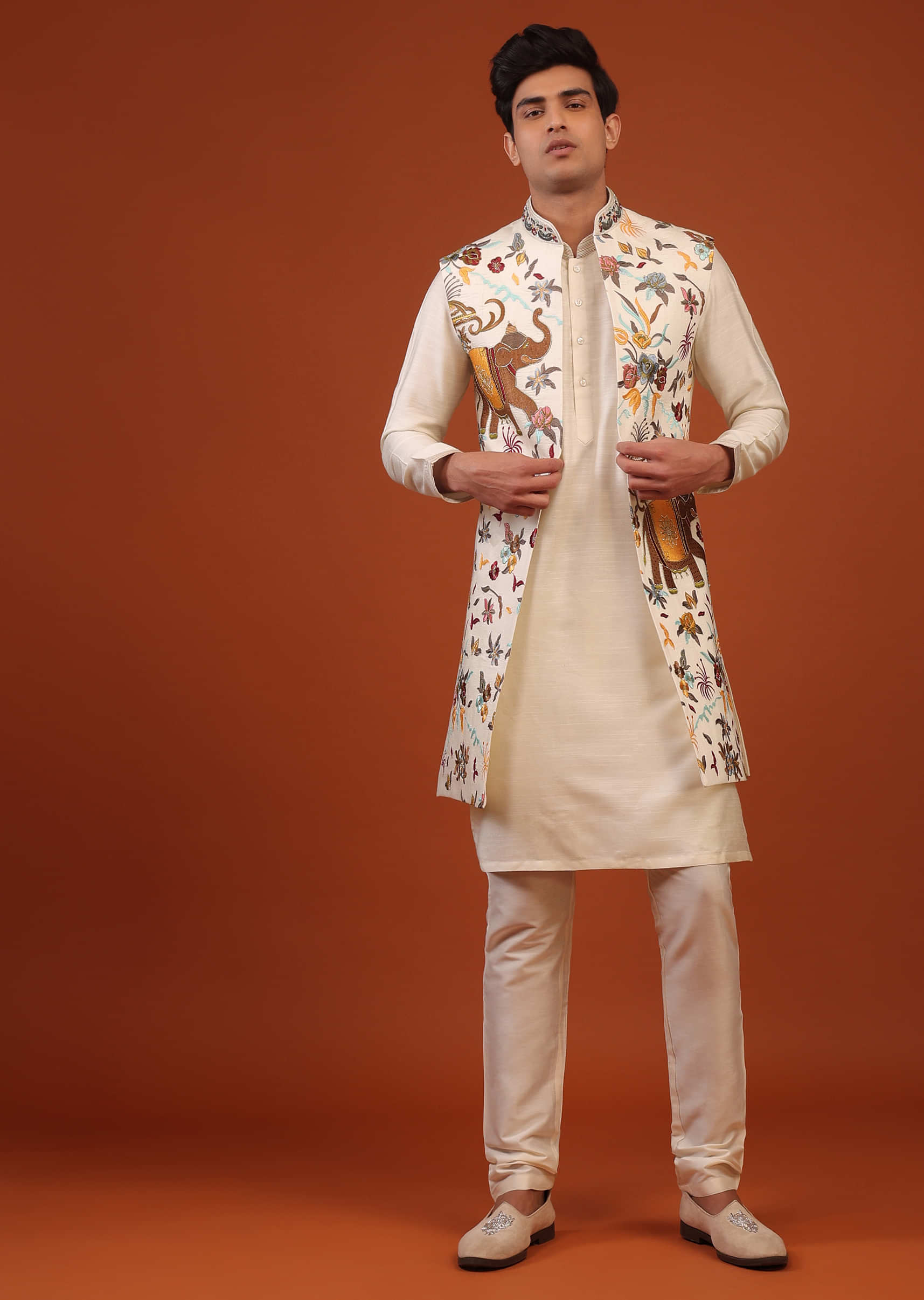 Pearl White Heritage Indowestern Set In Silk With Thread And Zari Embroidery