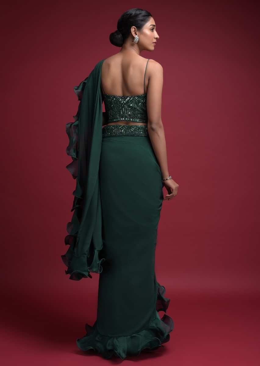 Emerald Green Ready Pleated Saree In Crepe With Organza Ruffle On The Border  