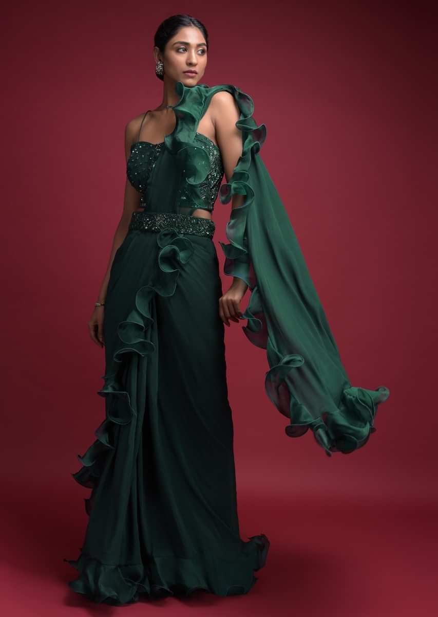 Emerald Green Ready Pleated Saree In Crepe With Organza Ruffle On The Border  