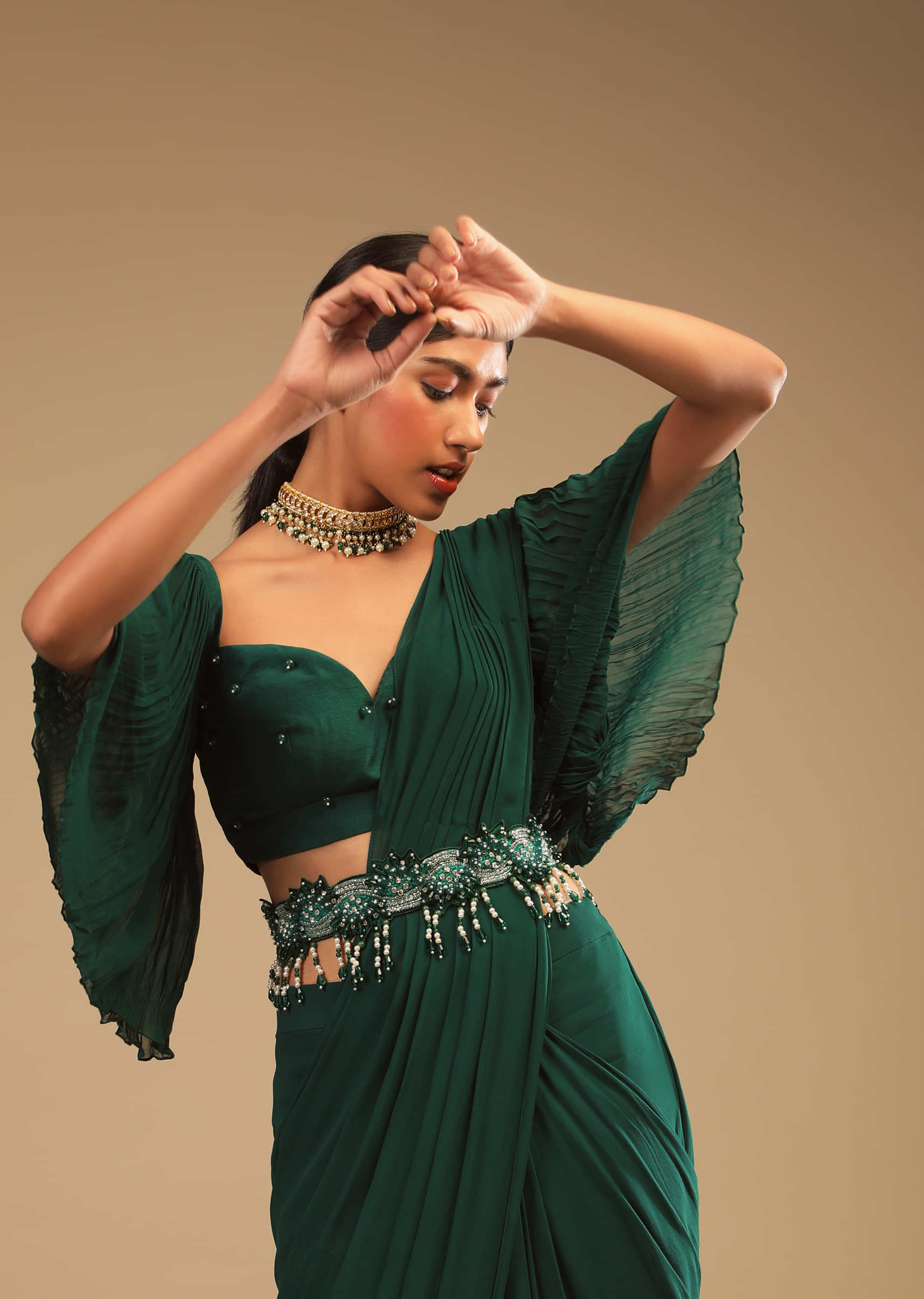 Emerald Green Ready Pleated Saree In Georgette With Bell Sleeves Crop Top And Chunky Embroidered Belt  